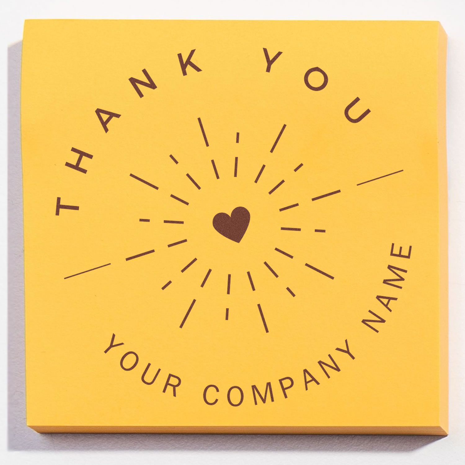 Yellow square stamp seal with brown Thank You Your Company Name text, heart icon, and radiating lines.