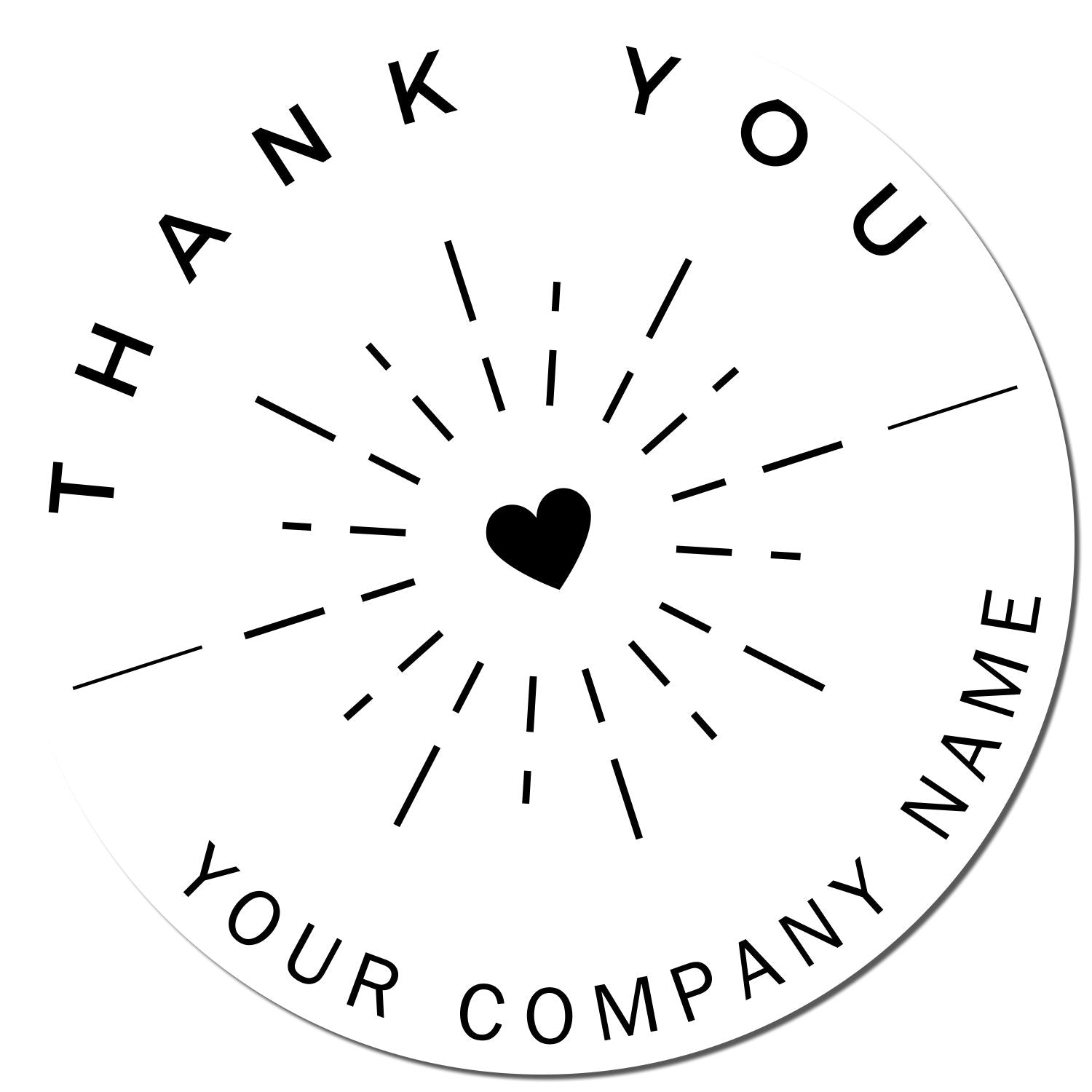 Black-and-white circular thank-you stamp seal with heart icon and customizable company name text