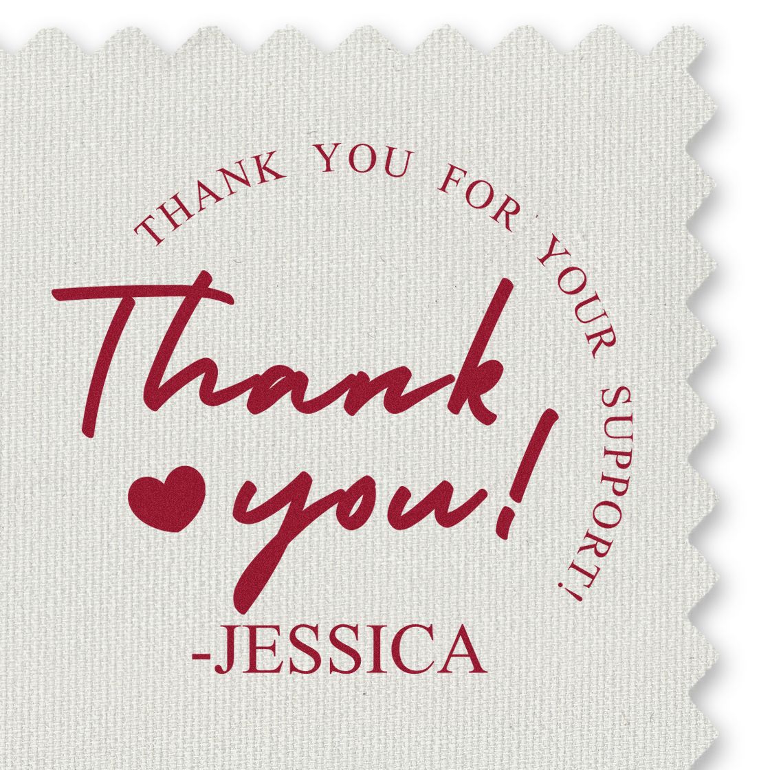 Burgundy thank-you stamp seal with heart and Jessica on white textured paper background.