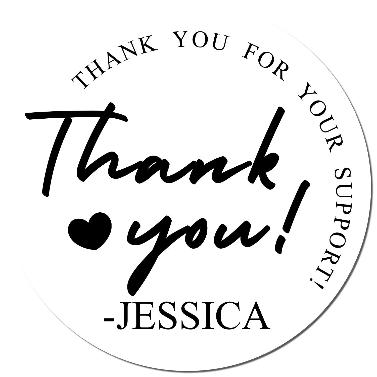 Round white thank-you stamp seal with black lettering, heart icon, and -Jessica signature