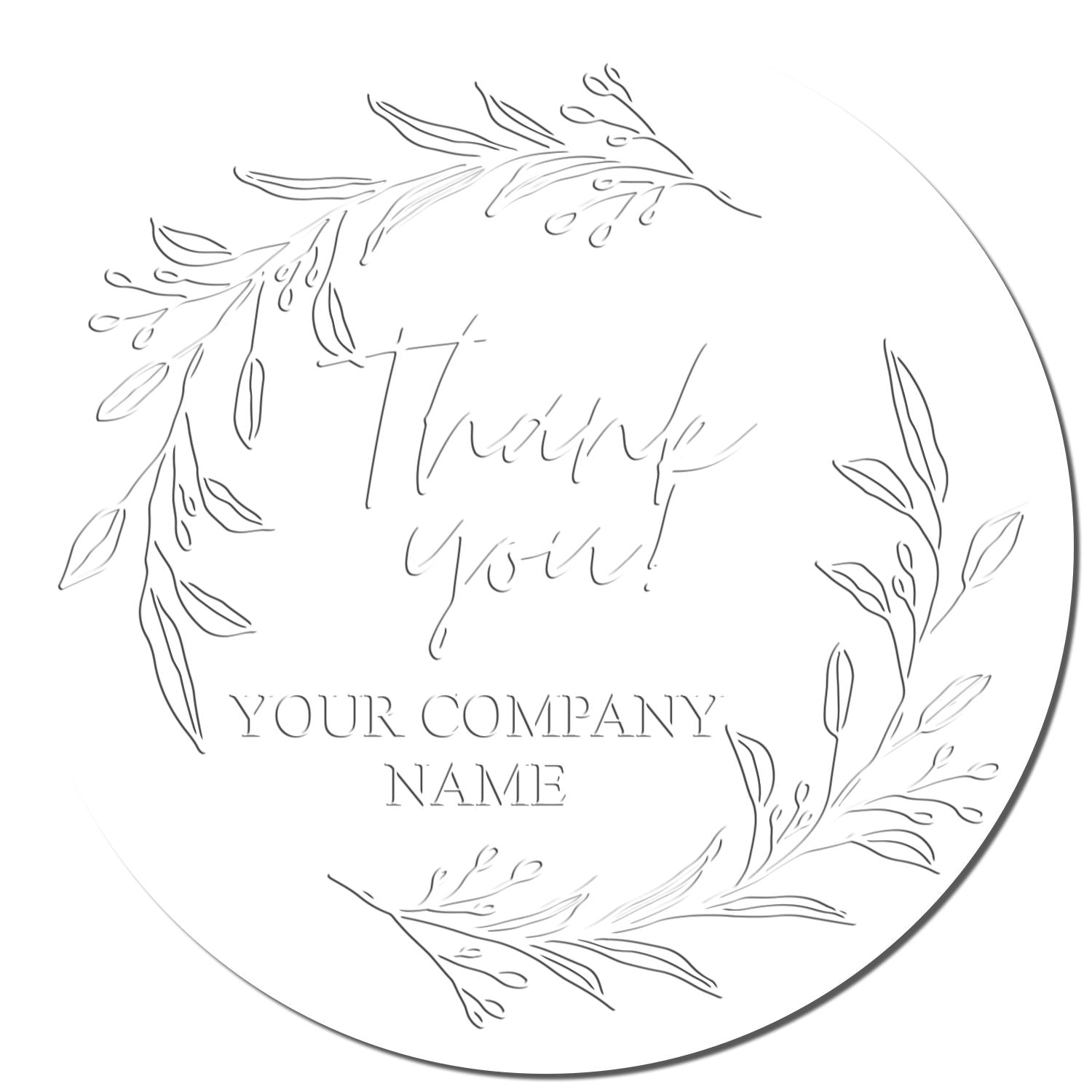 Round white custom stamp seal with gray botanical wreath, Thank you! and company name text.