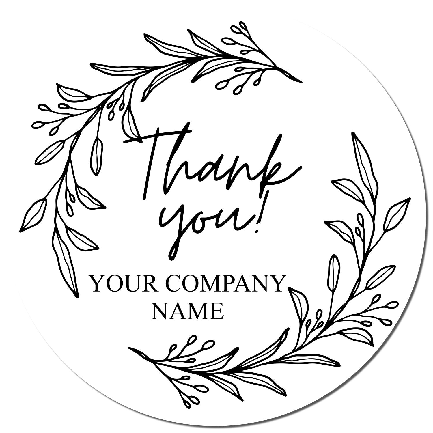 Round white thank-you stamp seal with black botanical wreath and company name text