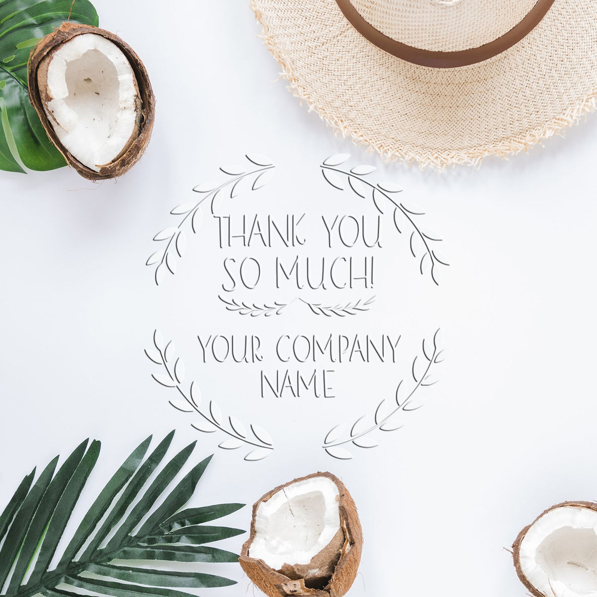 Custom thank-you stamp and seal design with gray wreaths on white, framed by green leaves, coconuts, and a beige straw hat.