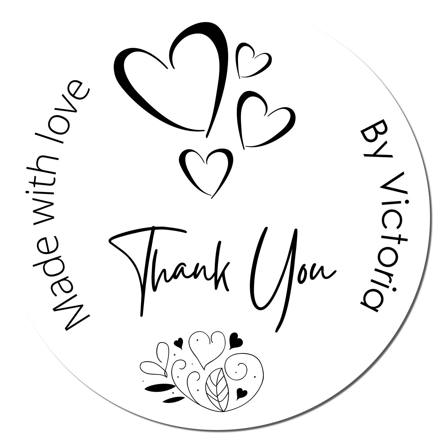 White circular thank-you stamp seal with black hearts, Thank You, Made with love, and By Victoria text.