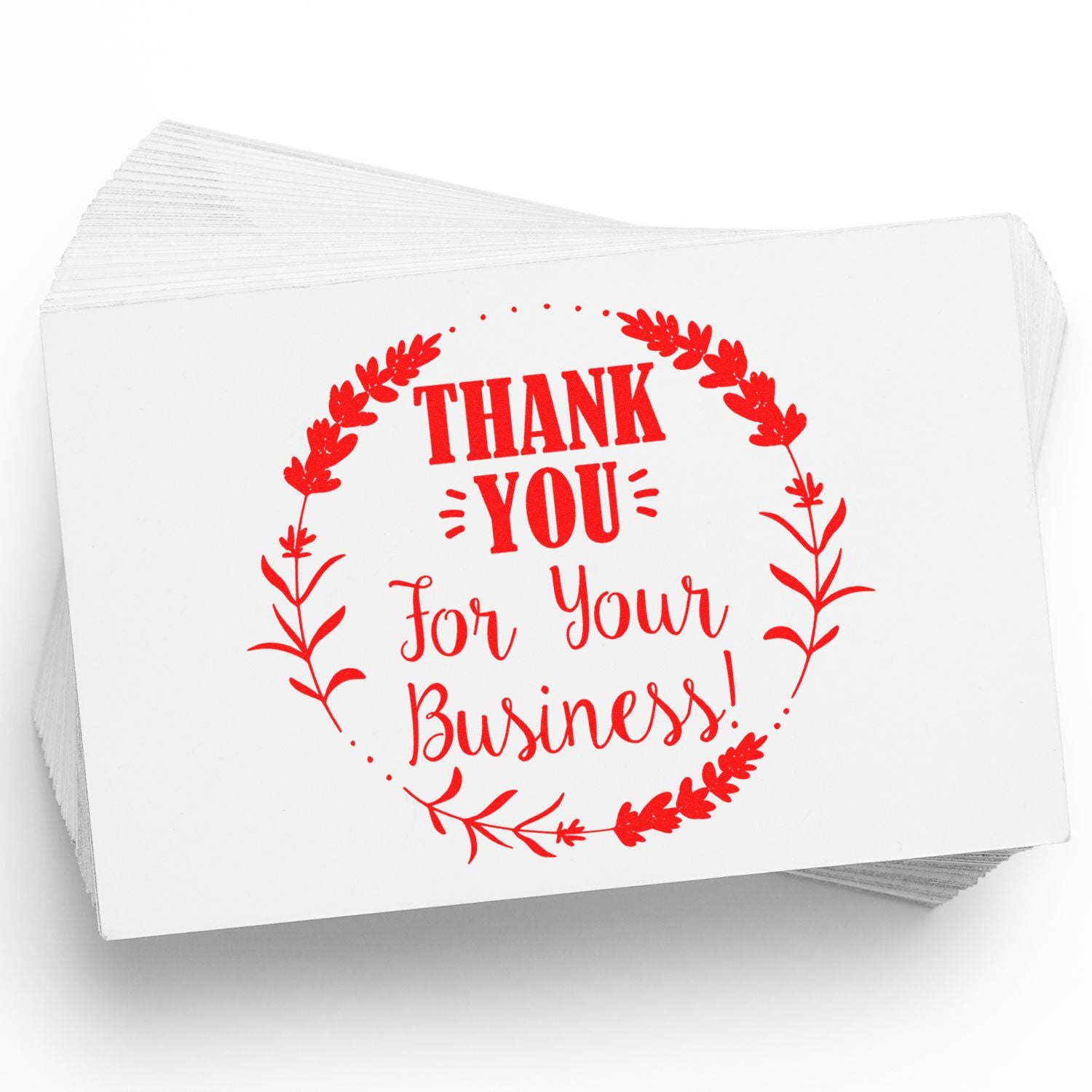 Stack of white stamp and seal cards with red floral Thank You For Your Business! business thank-you seal