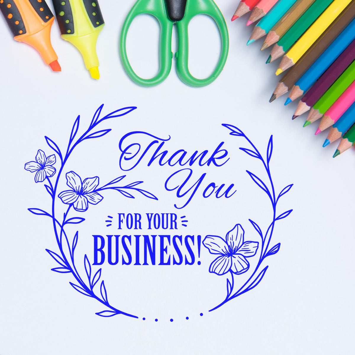ESS Round Floral Gratitude Thank You Wood Stamp in use, featuring a custom floral design for business thank you notes.