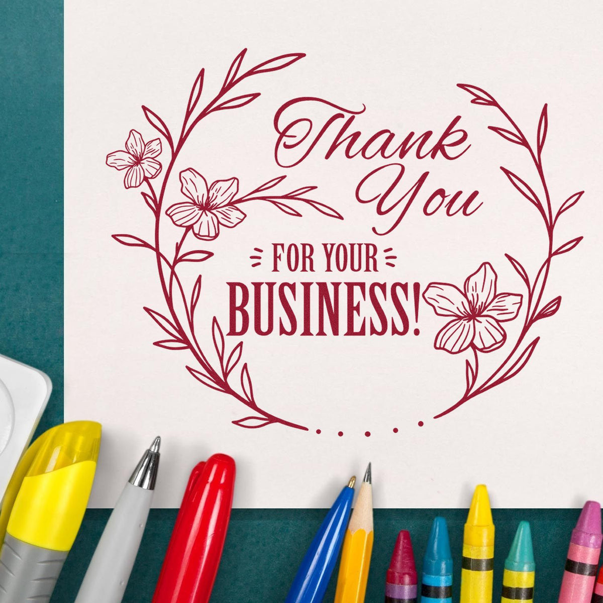 ESS Round Floral Gratitude Thank You Wood Stamp in use, featuring a floral design for custom thank you messages.
