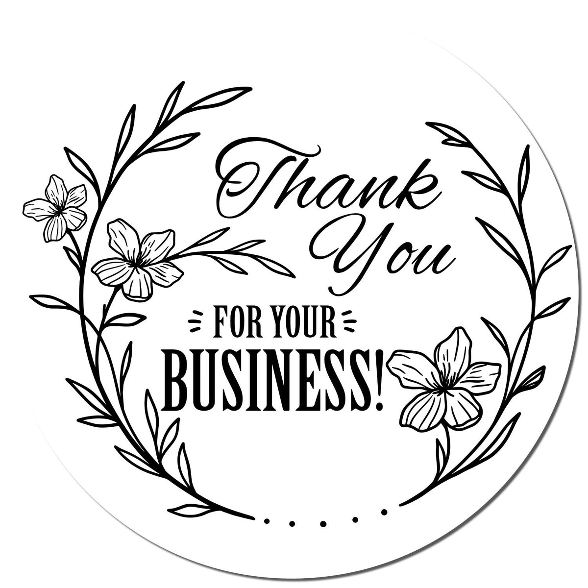 Black round floral gratitude thank you stamp by ESS showing an embossed thank you message with floral design.