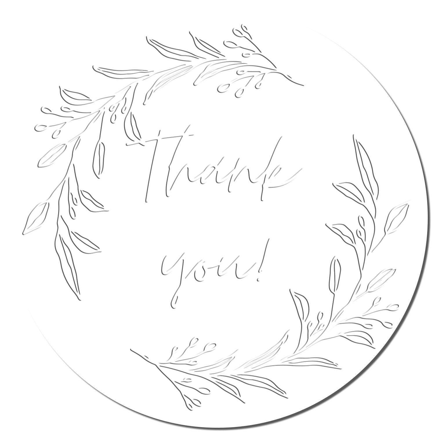 Round white thank you stamp seal with delicate gray botanical wreath and handwritten script
