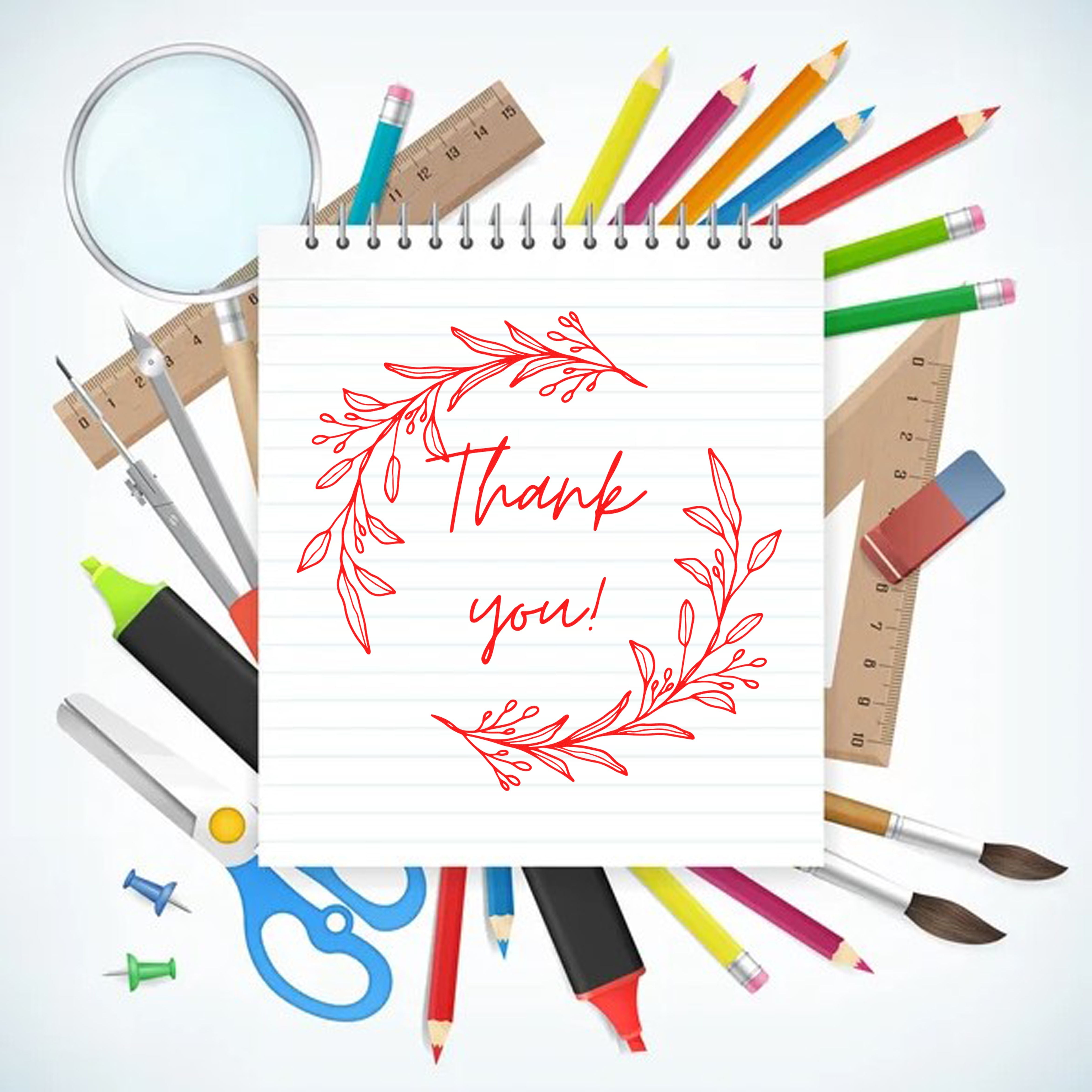 Red floral thank-you stamp seal on lined notebook paper, surrounded by colorful pencils, rulers, scissors, and brushes.