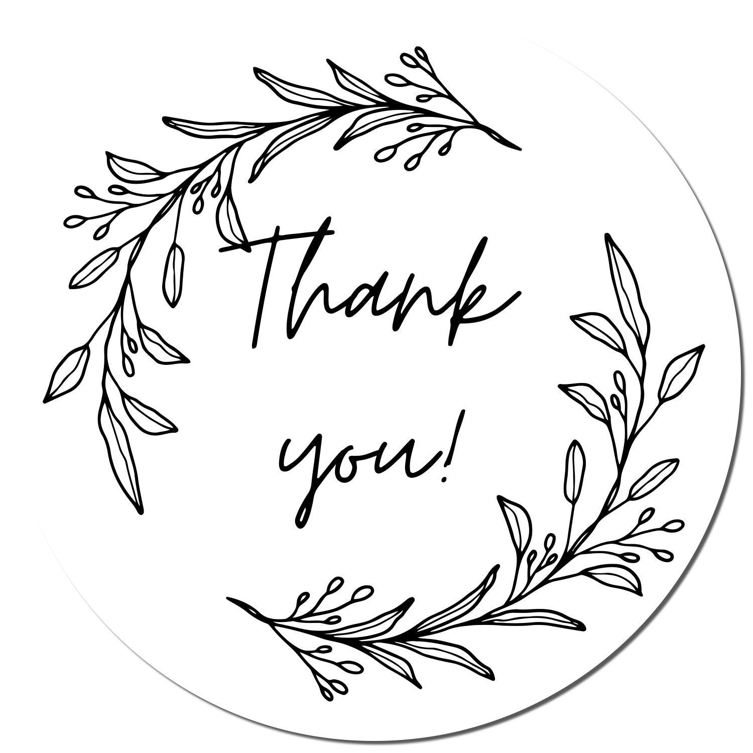 White circular thank-you stamp seal with black botanical wreath and handwritten Thank you!