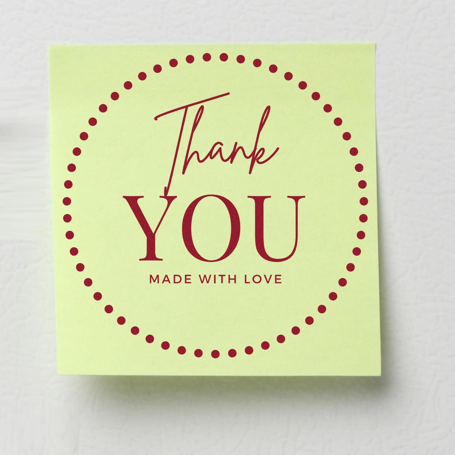 Red Thank You stamp seal with dotted circle and Made With Love on a pale green square card.