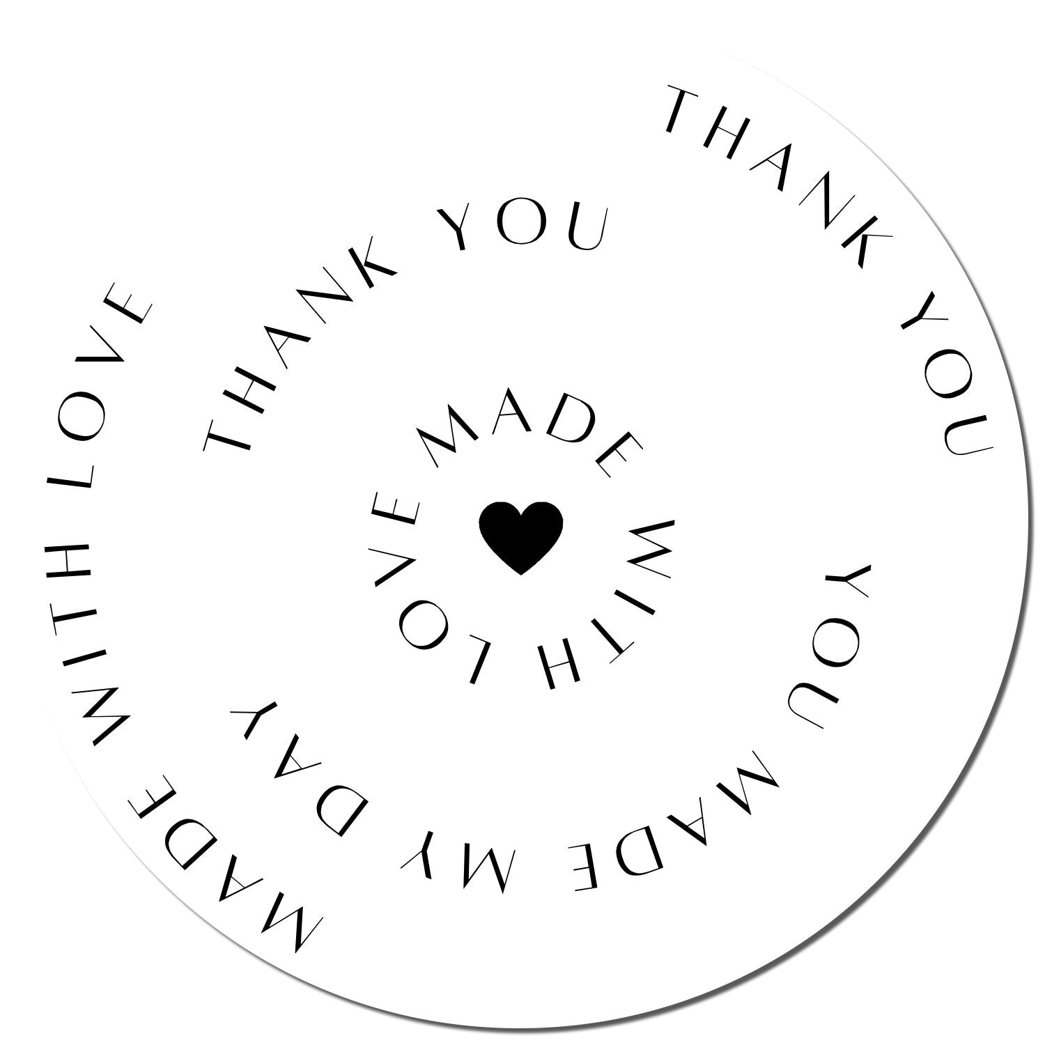Round white custom stamp seal with black spiral text Love, Thank You, and Made by around a black heart.