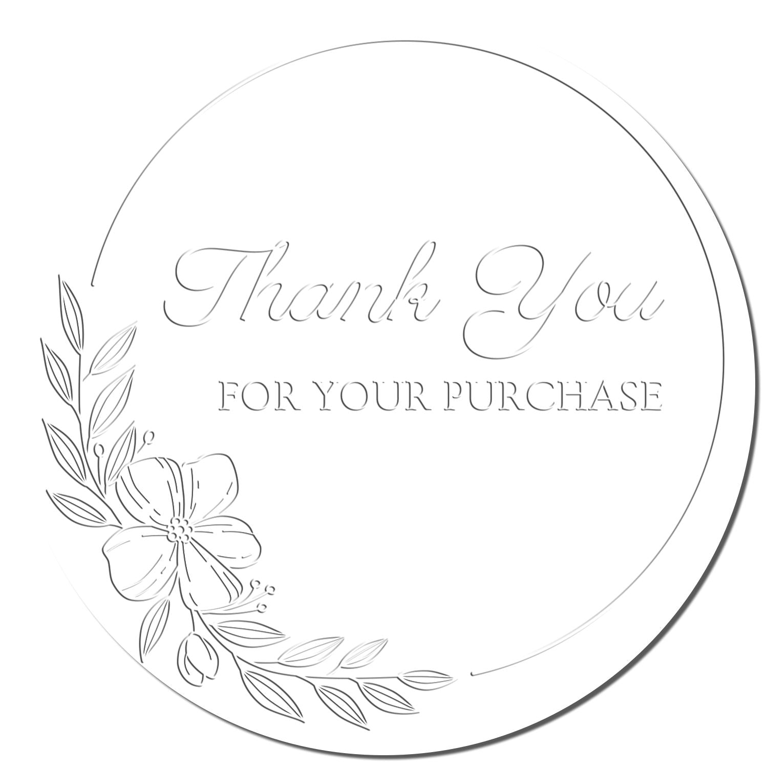 White round thank-you stamp seal with black floral outline and elegant cursive Thank You text