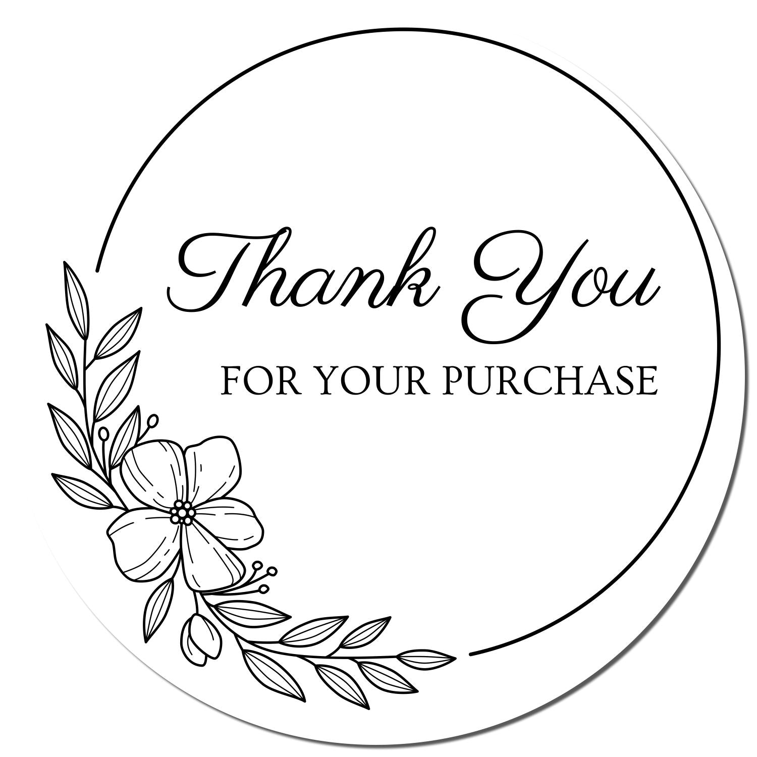 Black circular thank-you stamp seal with floral line art and For Your Purchase text on white.