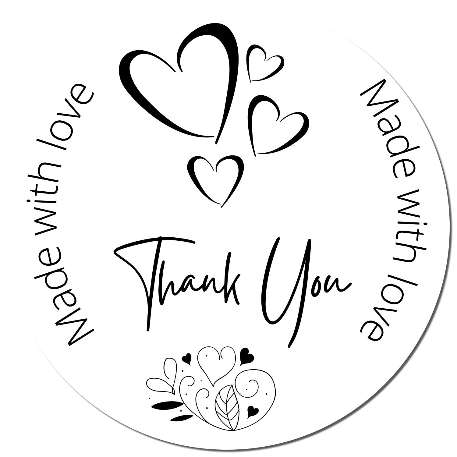 Round white thank-you stamp seal with black hearts, Made with love text, and decorative Thank You script.