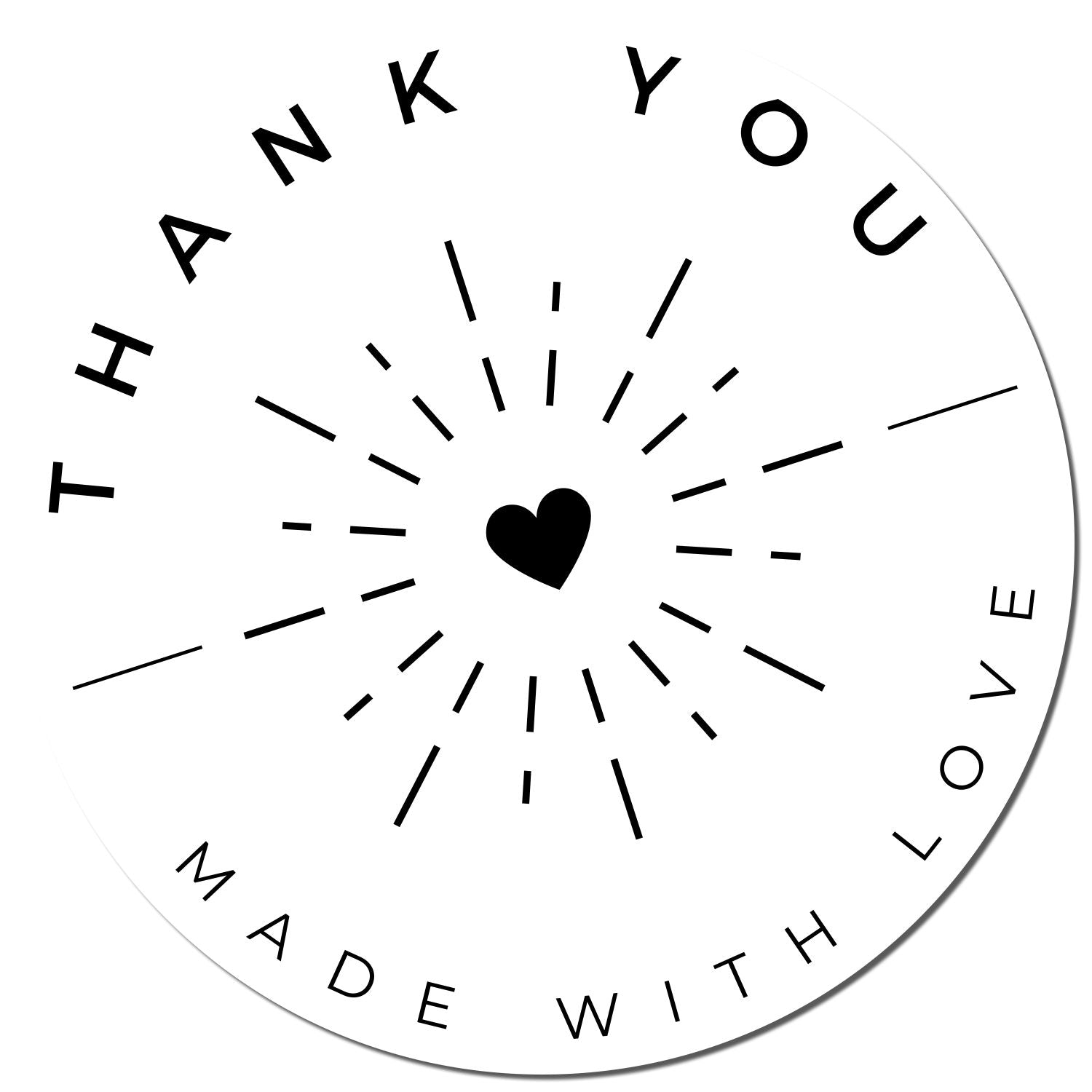 Round black-and-white thank-you stamp seal with heart center, radiating lines, and Made With Love text.