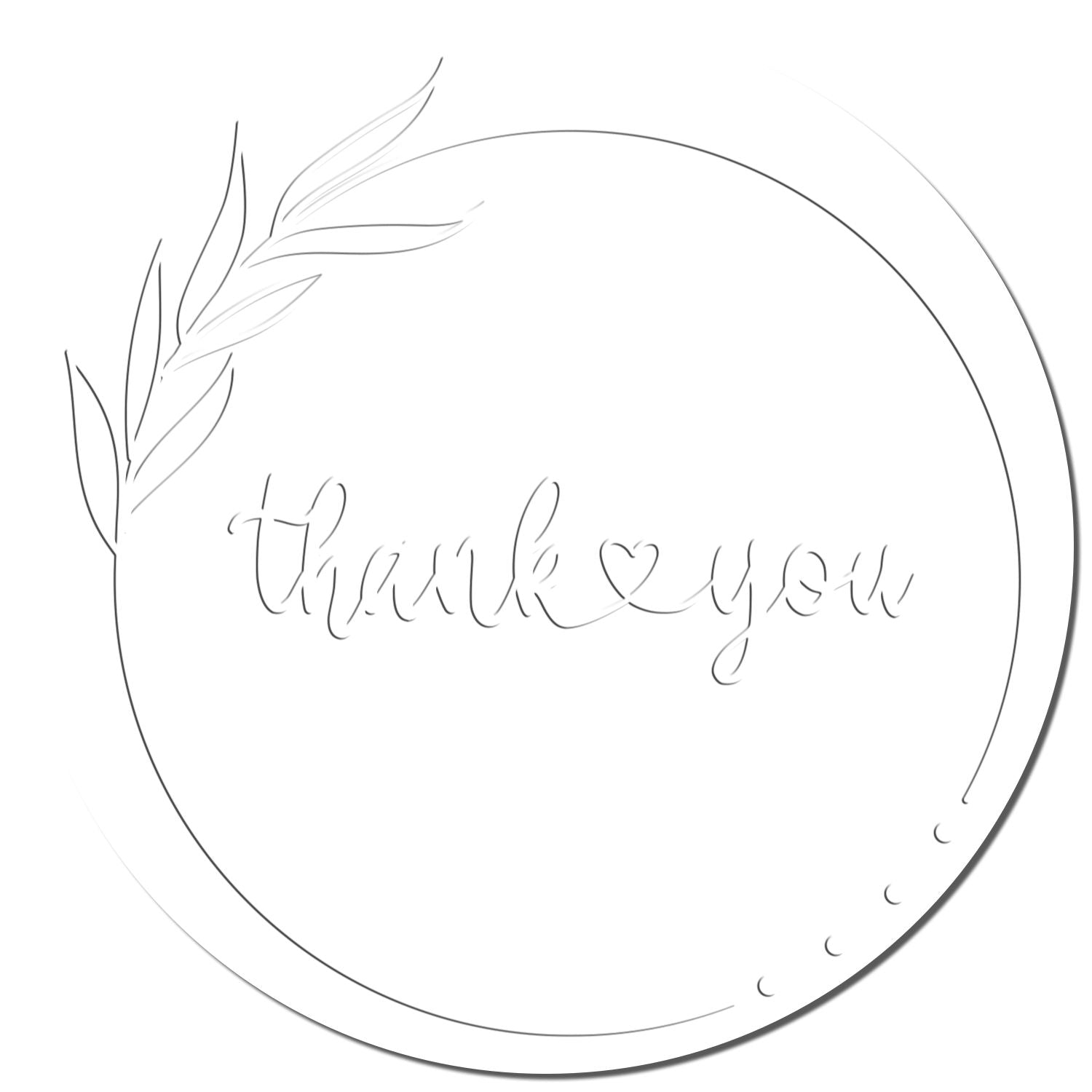 White circular thank-you stamp seal with leaf accent, heart detail, and elegant gray cursive lettering.
