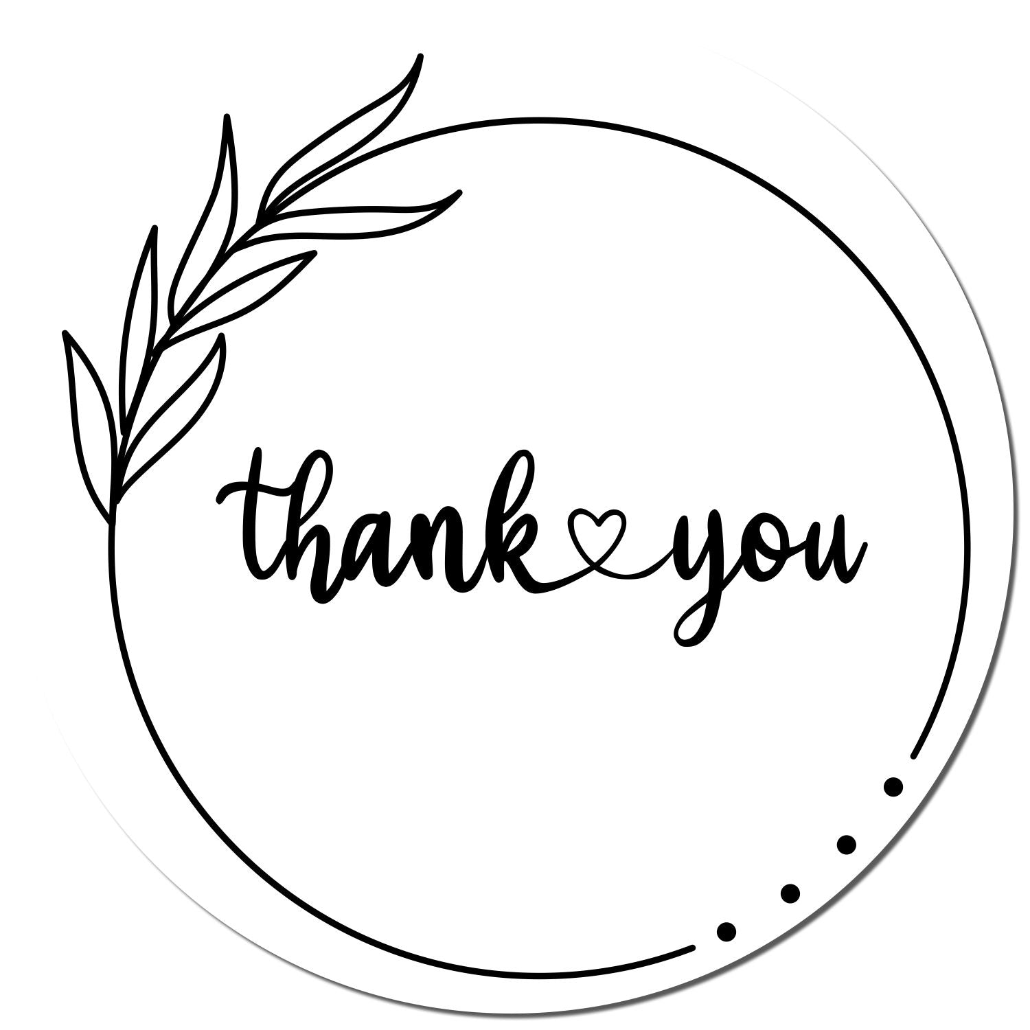 Round black thank you stamp seal with leafy branch, heart accent, and dotted border on a white background.