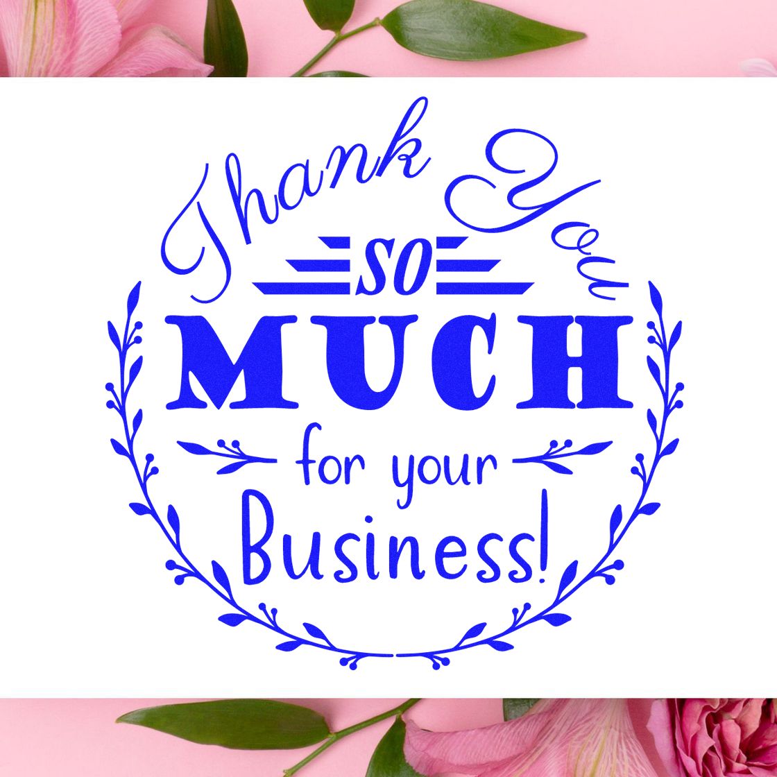 Blue thank-you business stamp seal with floral wreath on white, framed by pink flowers