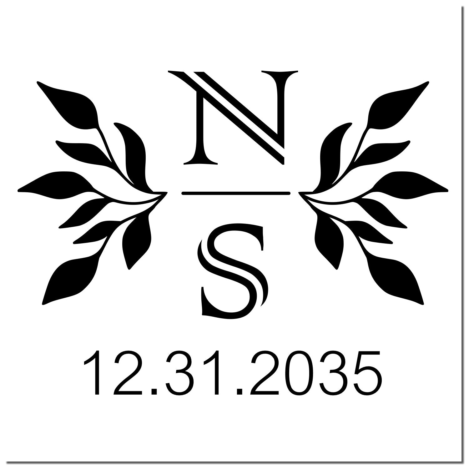 Black monogram stamp seal with leafy wreath and date 12.31.2035 on white background