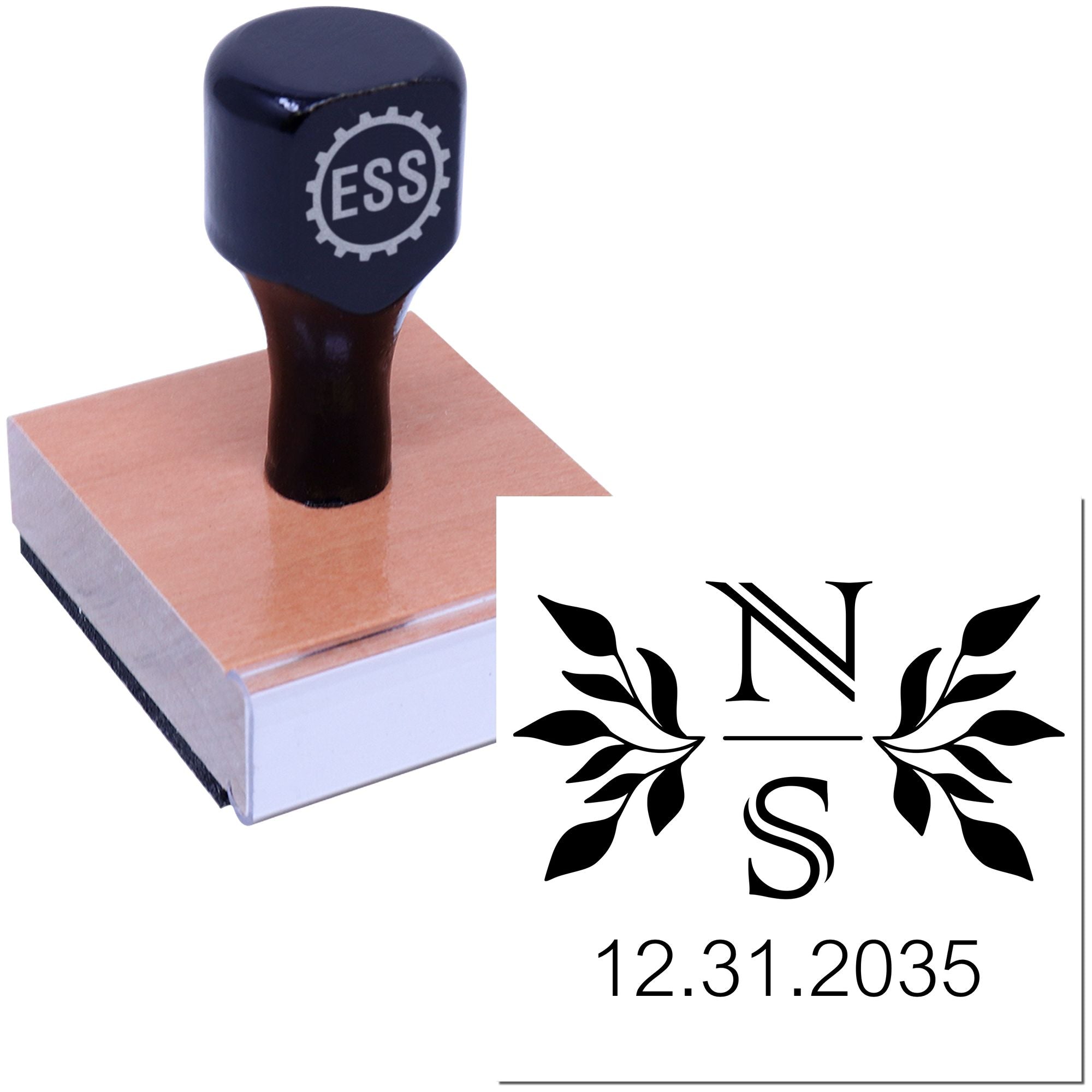 Black ESS rubber stamp on a wooden block beside a floral N S seal design and date 12.31.2035.