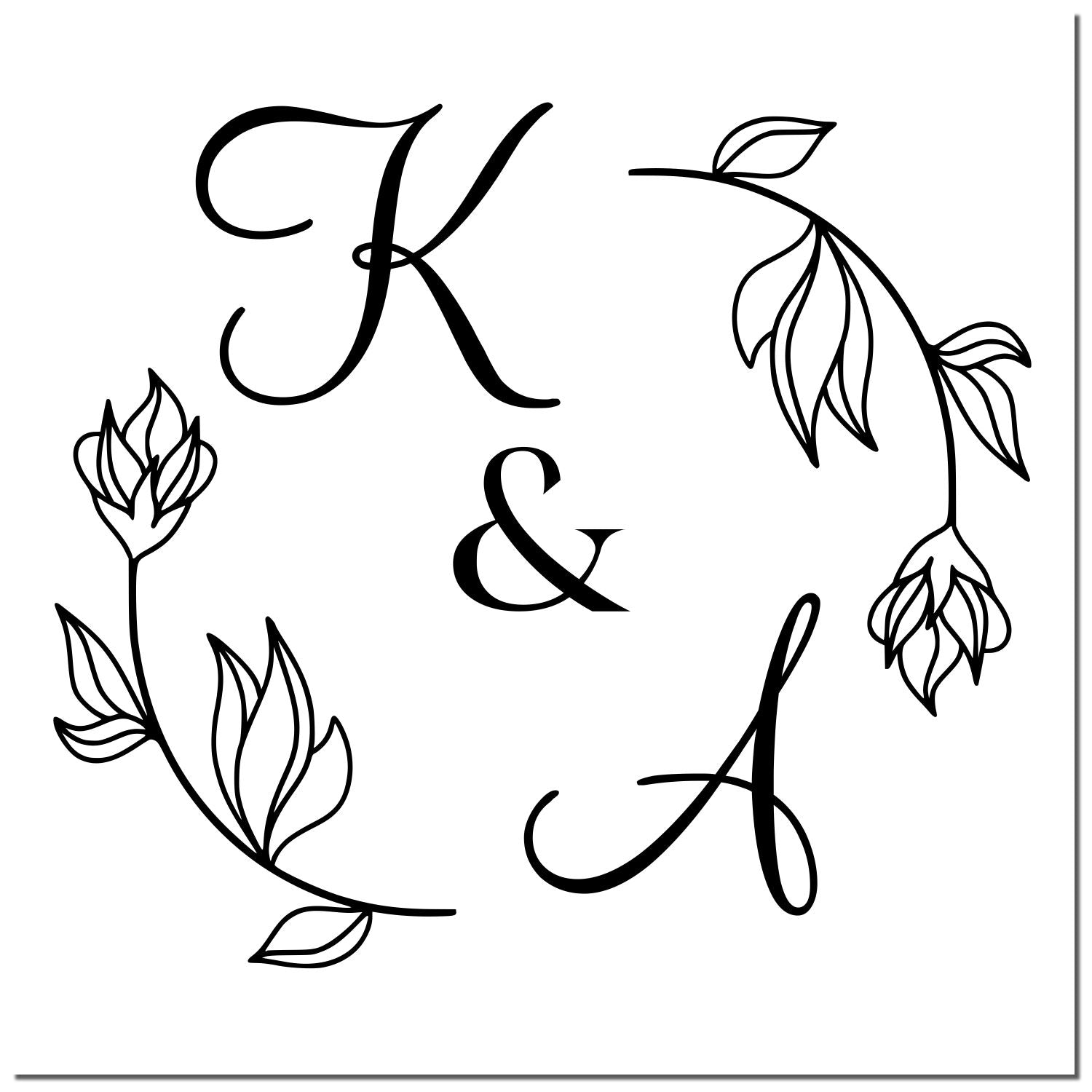 Black floral K&A stamp/seal design with delicate leaf wreath and ampersand on a white background.