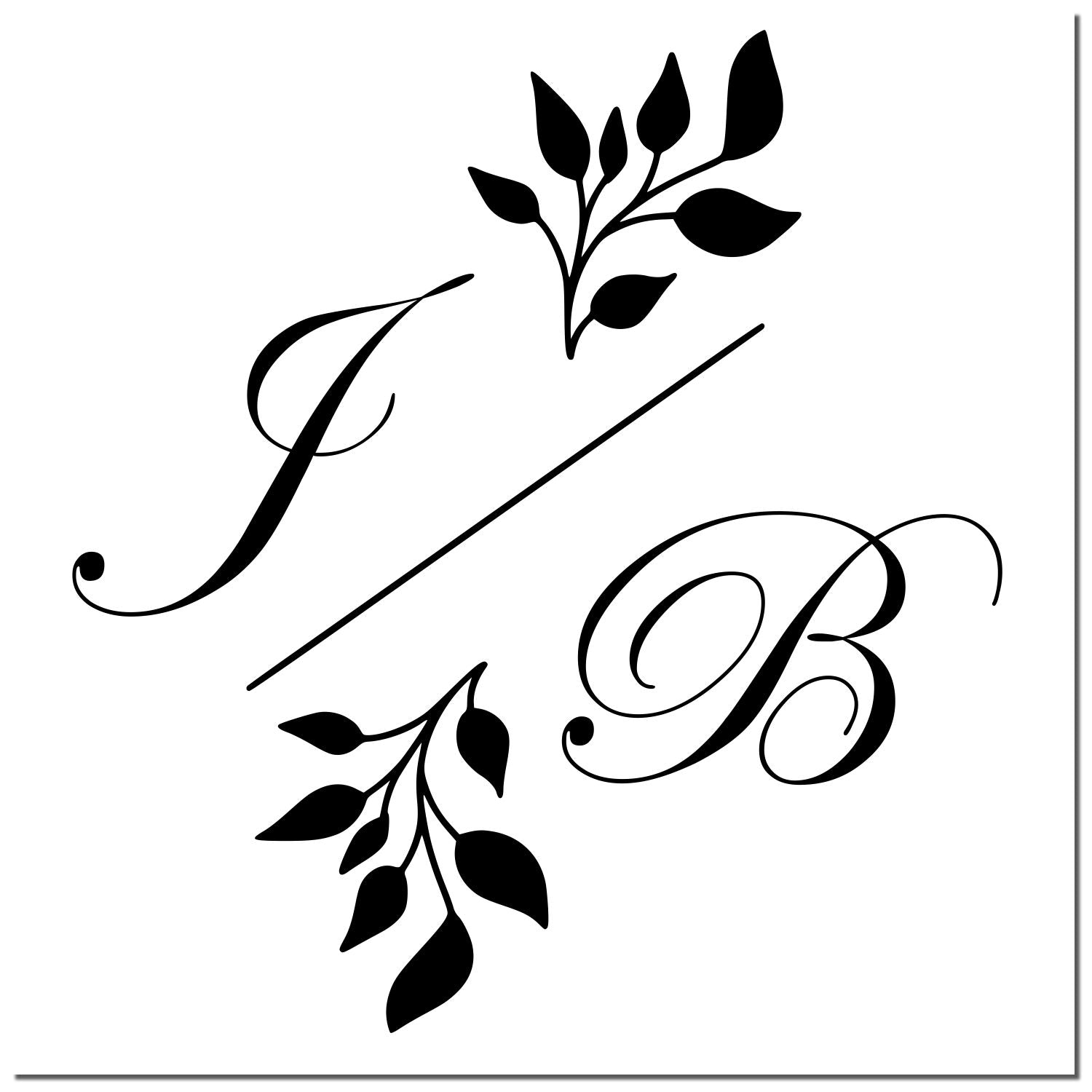 Black ornate I/B monogram stamp and seal with leaf flourishes and diagonal slash, black on white.