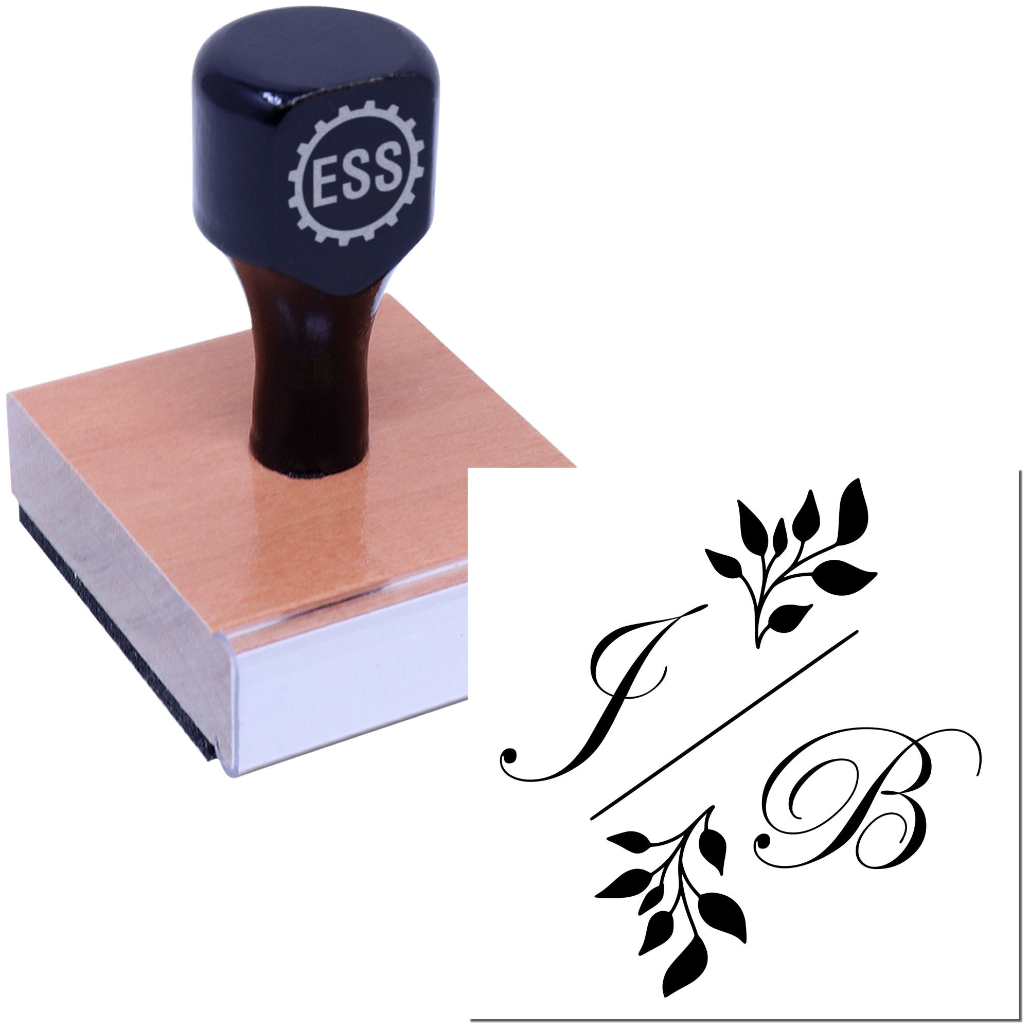 Navy blue self-inking stamp with ESS logo on a wooden base, beside a black decorative monogram seal with leaves on white.