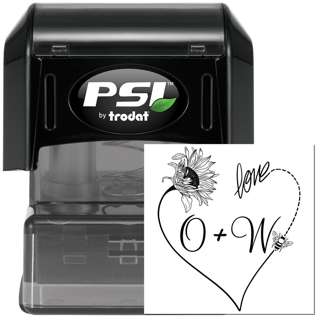 Black PSI by Trodat self-inking stamp and seal with floral heart design, love script, and bee accents