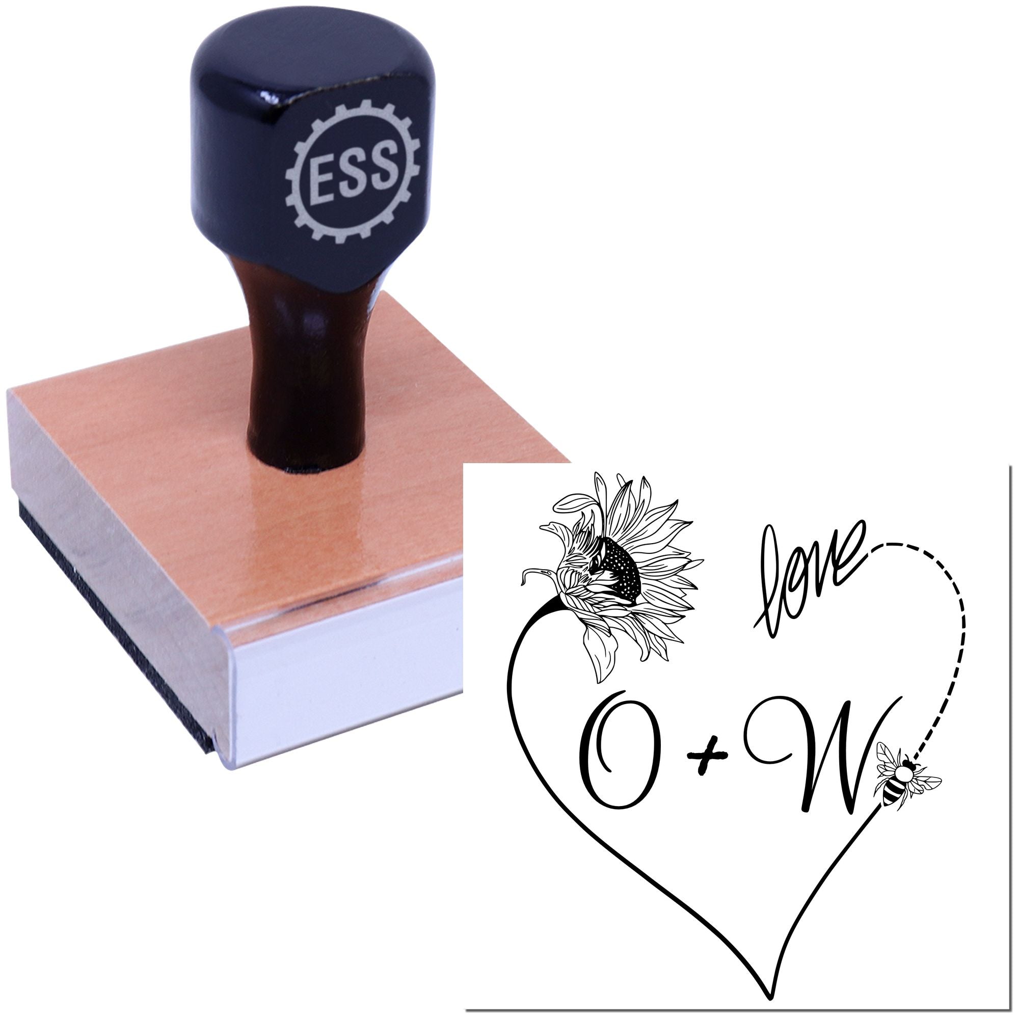 Black ESS stamp on a pink block beside a custom wedding seal with heart outline, love, O+W, sunflower and bee.
