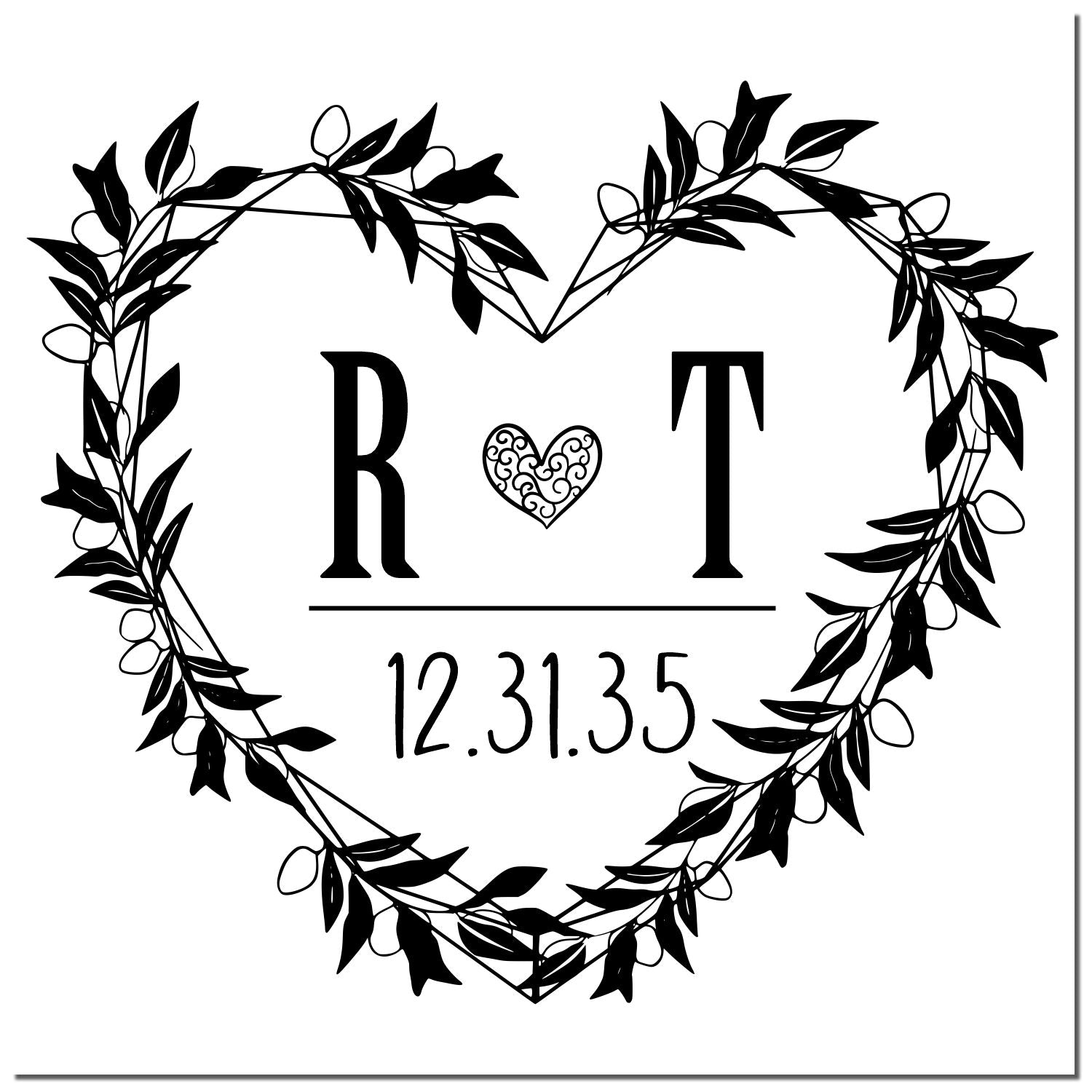 Black heart-shaped leaf wreath stamp with R heart T and date 12.31.35 for custom seal products.