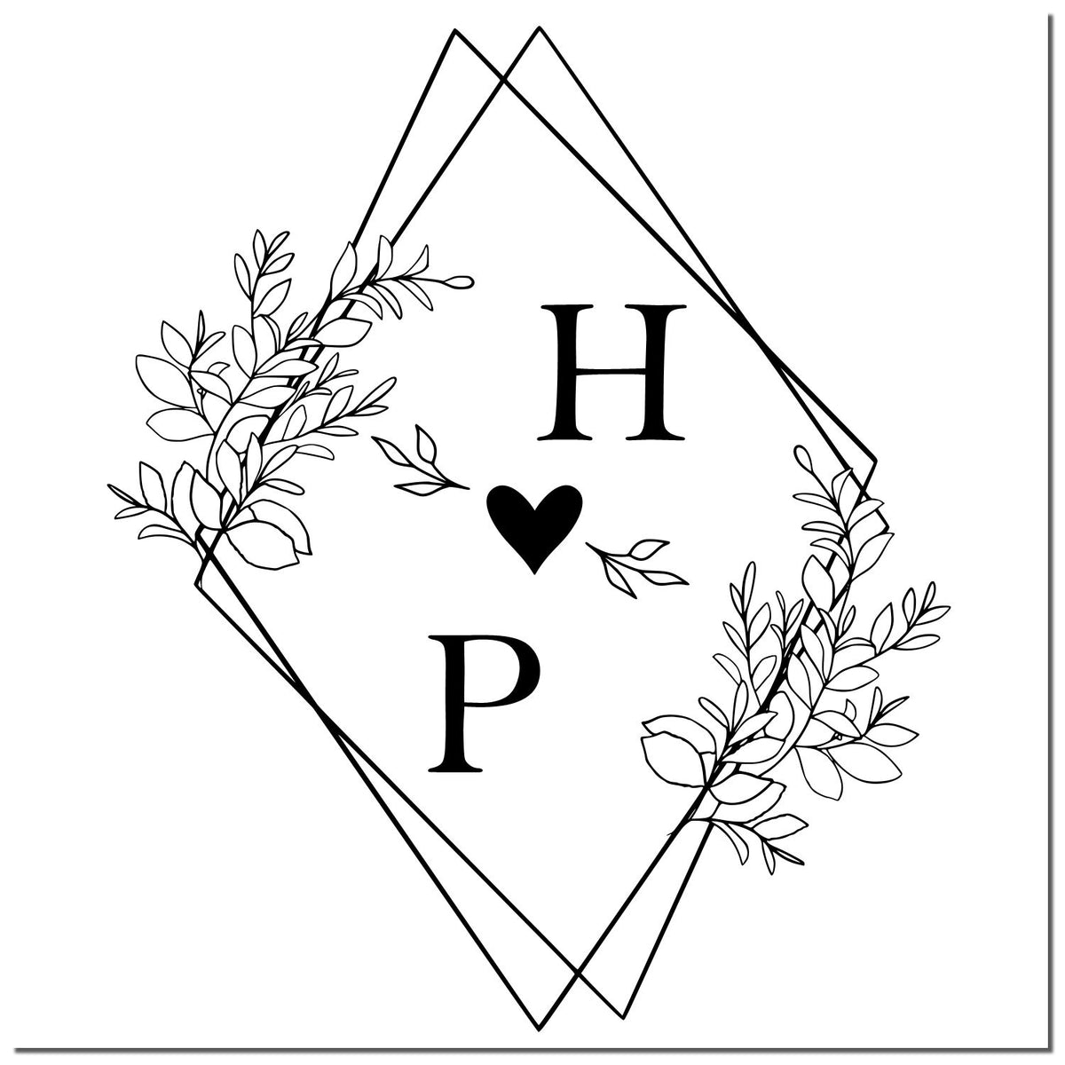 Black Square Heartfelt Harmony Couple's Monogram Stamp for wedding invitations by ESS with enlarged imprint showing design details.