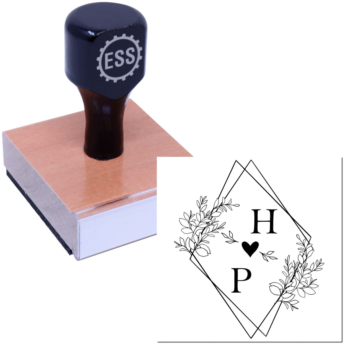 Square Heartfelt Harmony Couple's Monogram Stamp by ESS, featuring a black ink design on wood, ideal for wedding stationery.