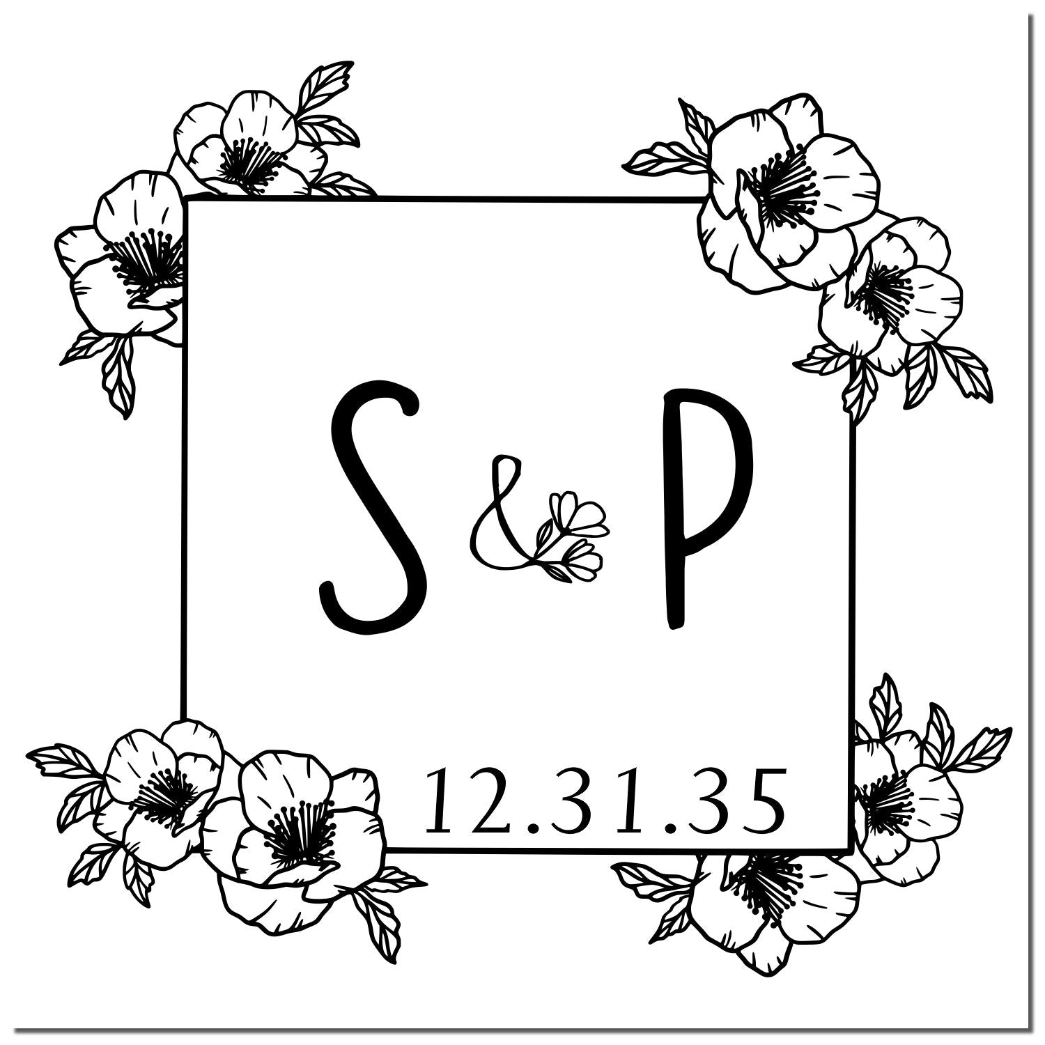 Black-and-white floral square stamp seal with S&P monogram, outlined flowers, and date 12.31.35.