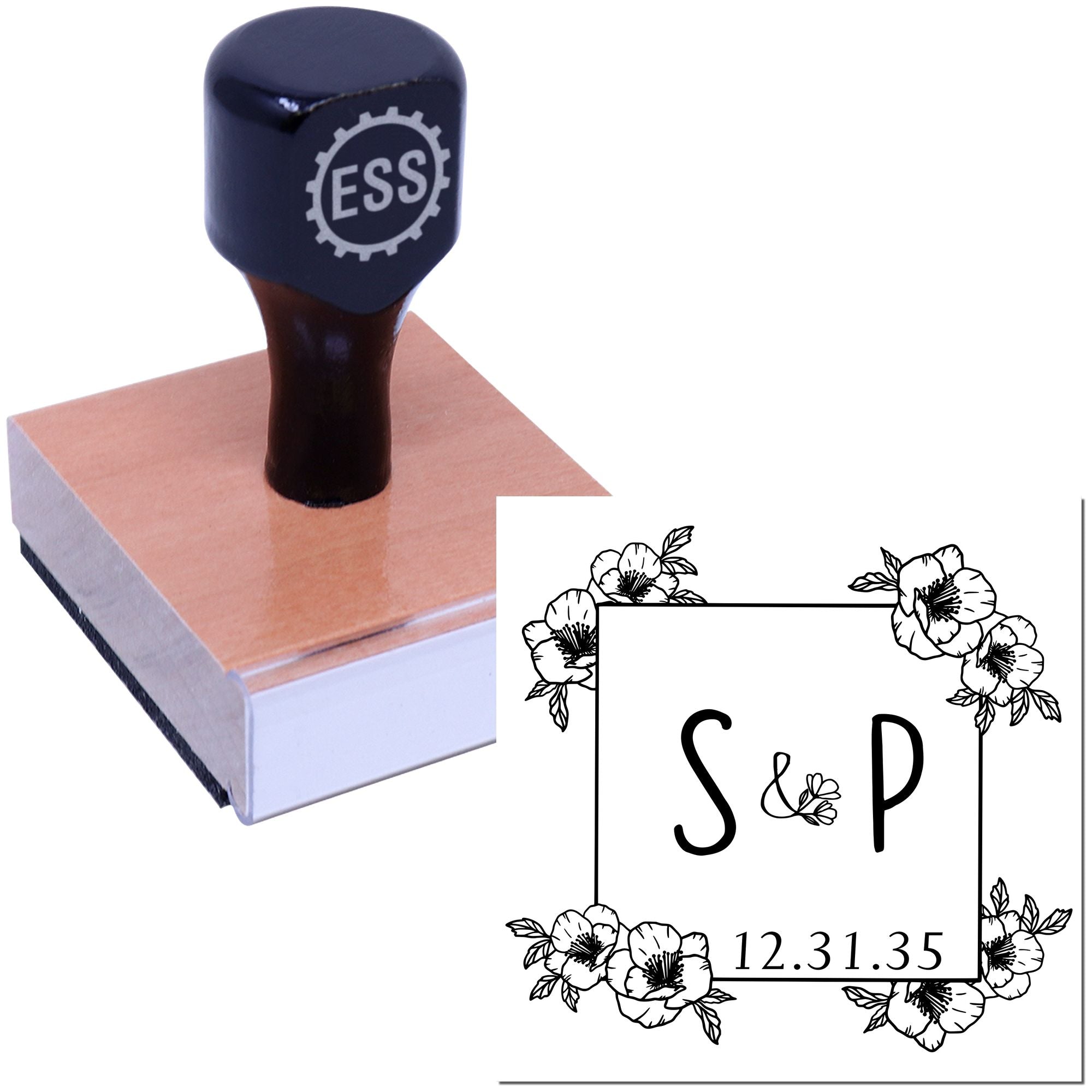 Black ESS stamp handle on wooden seal block beside floral monogram seal design with S&P and 12.31.35