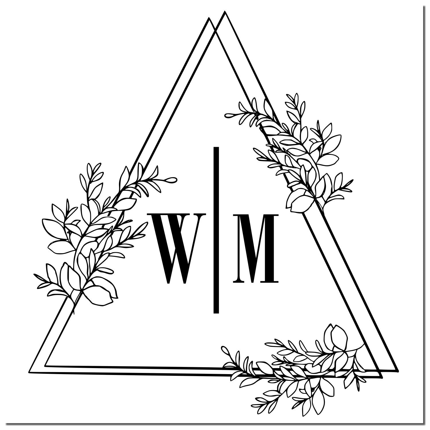 Black-and-white monogram stamp seal with WM initials inside a thin triangle frame and leafy floral accents.