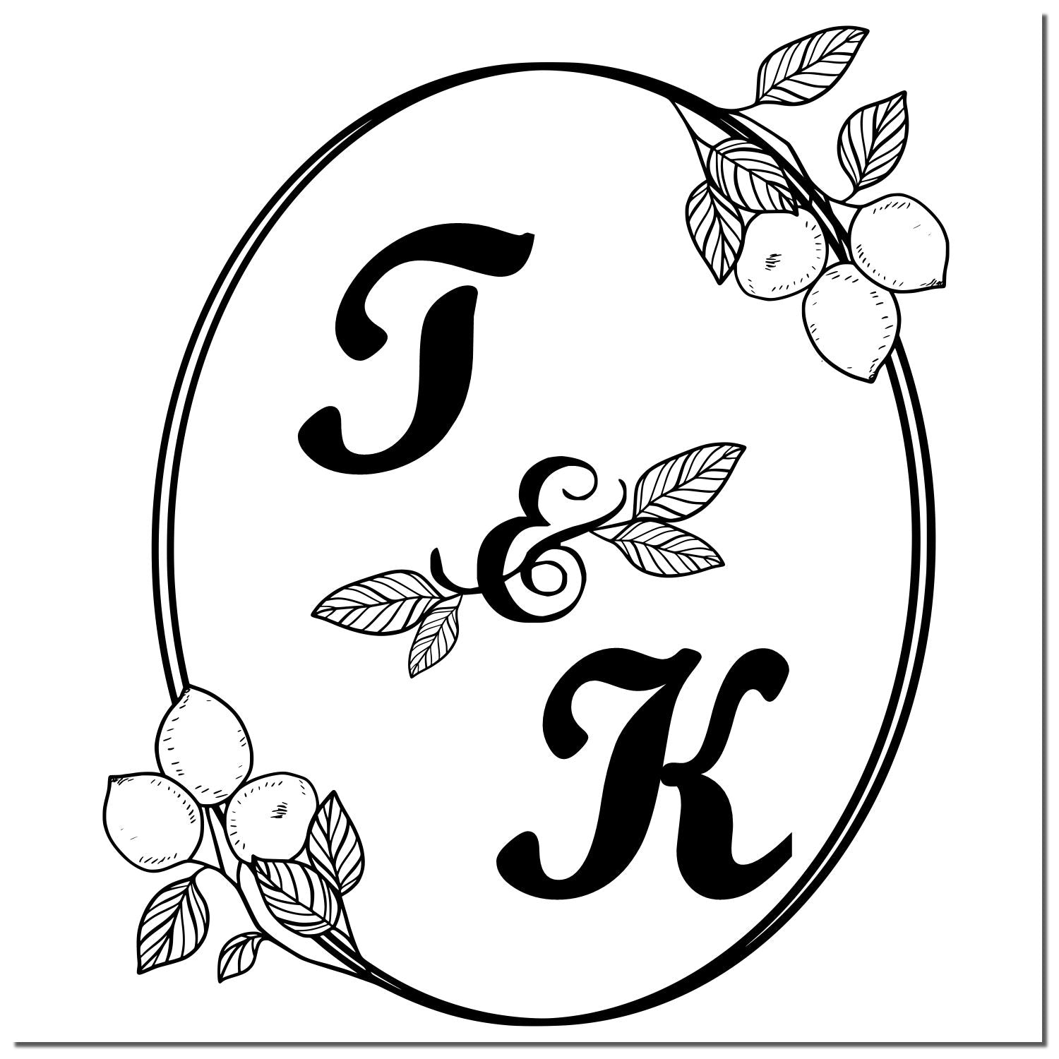 Black F and K monogram stamp seal with oval floral wreath, leaves, and berries on a white background.