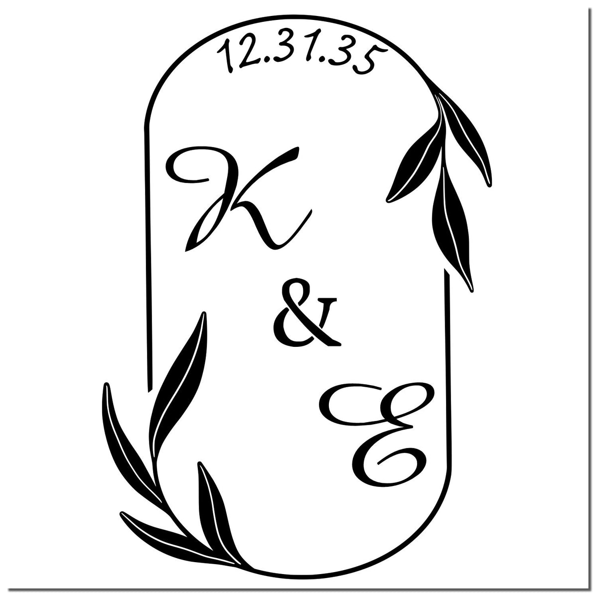 Black-and-white oval stamp seal design with leafy accents, date 12.31.35, and elegant K & E monogram.