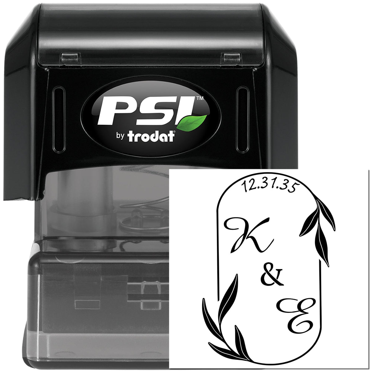 Black PSI by Trodat self-inking stamp with clear housing and custom black floral monogram seal design on white background