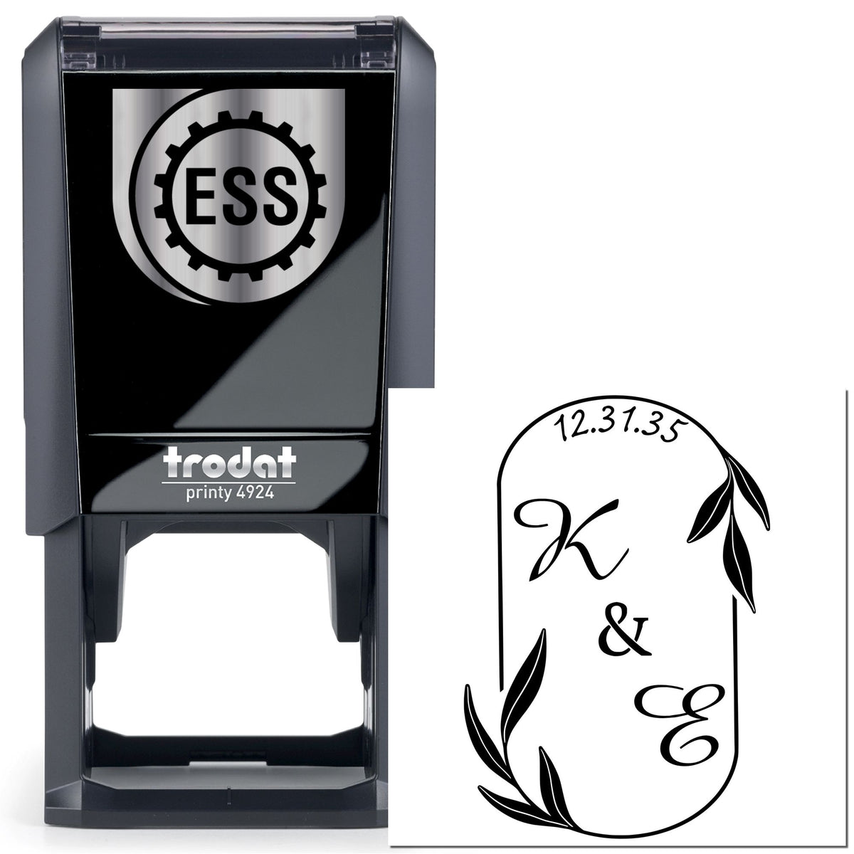 Black Trodat self-inking stamp with silver ESS logo beside a custom black decorative seal on white.