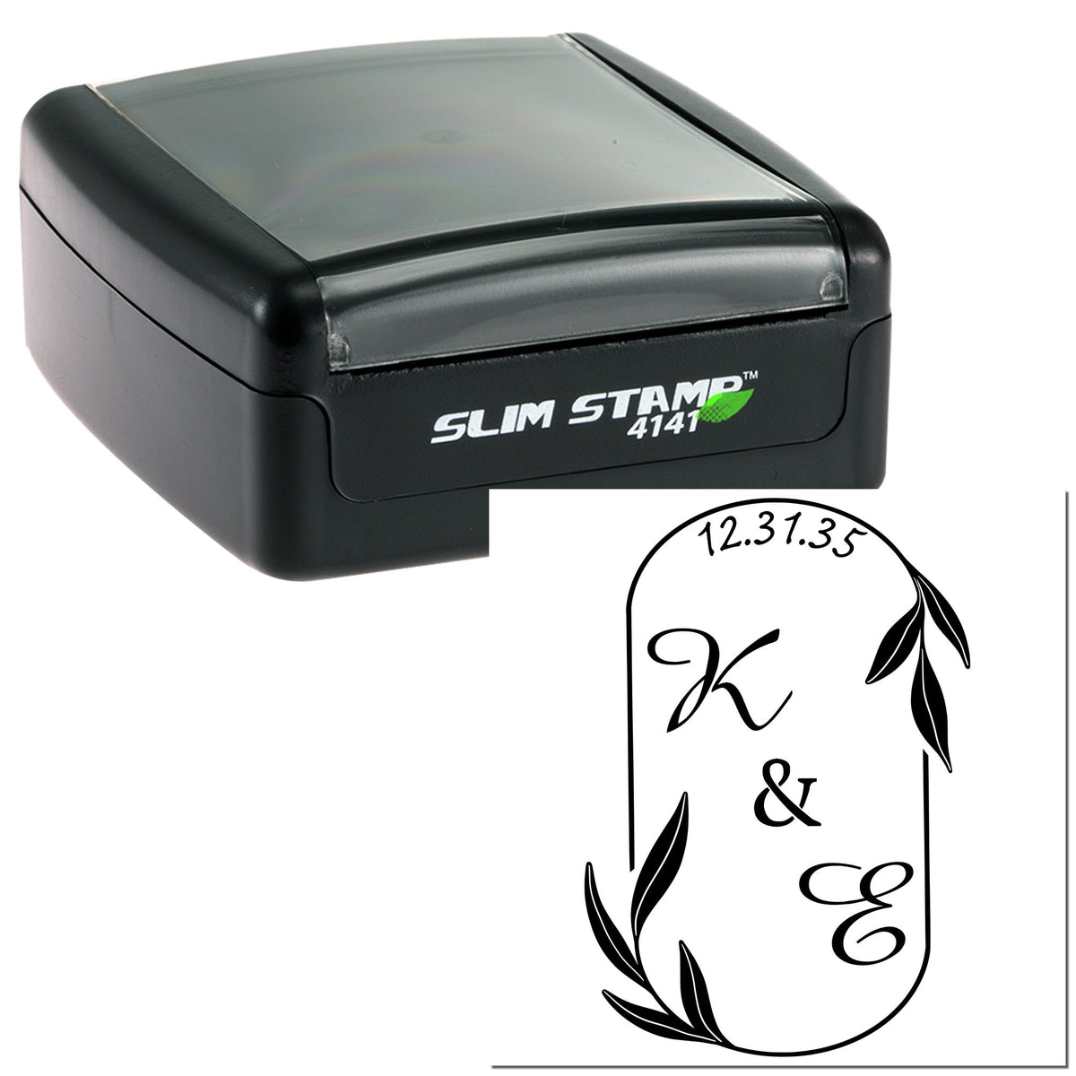 Black self-inking Slim Stamp 4141 with gray cap and custom floral seal design in black.