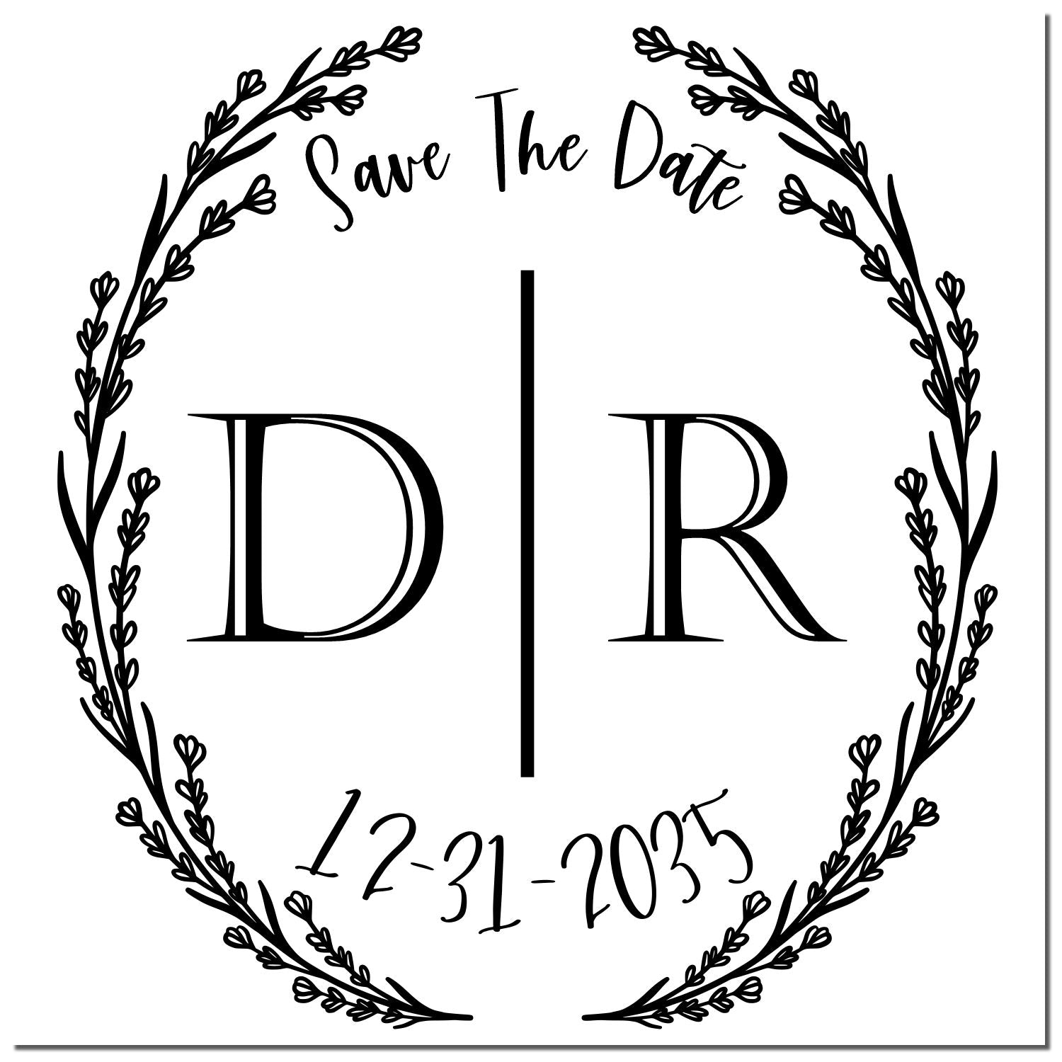 Black circular stamp seal with leafy wreath, Save The Date, D|R initials, and 12-31-2035 in black text.