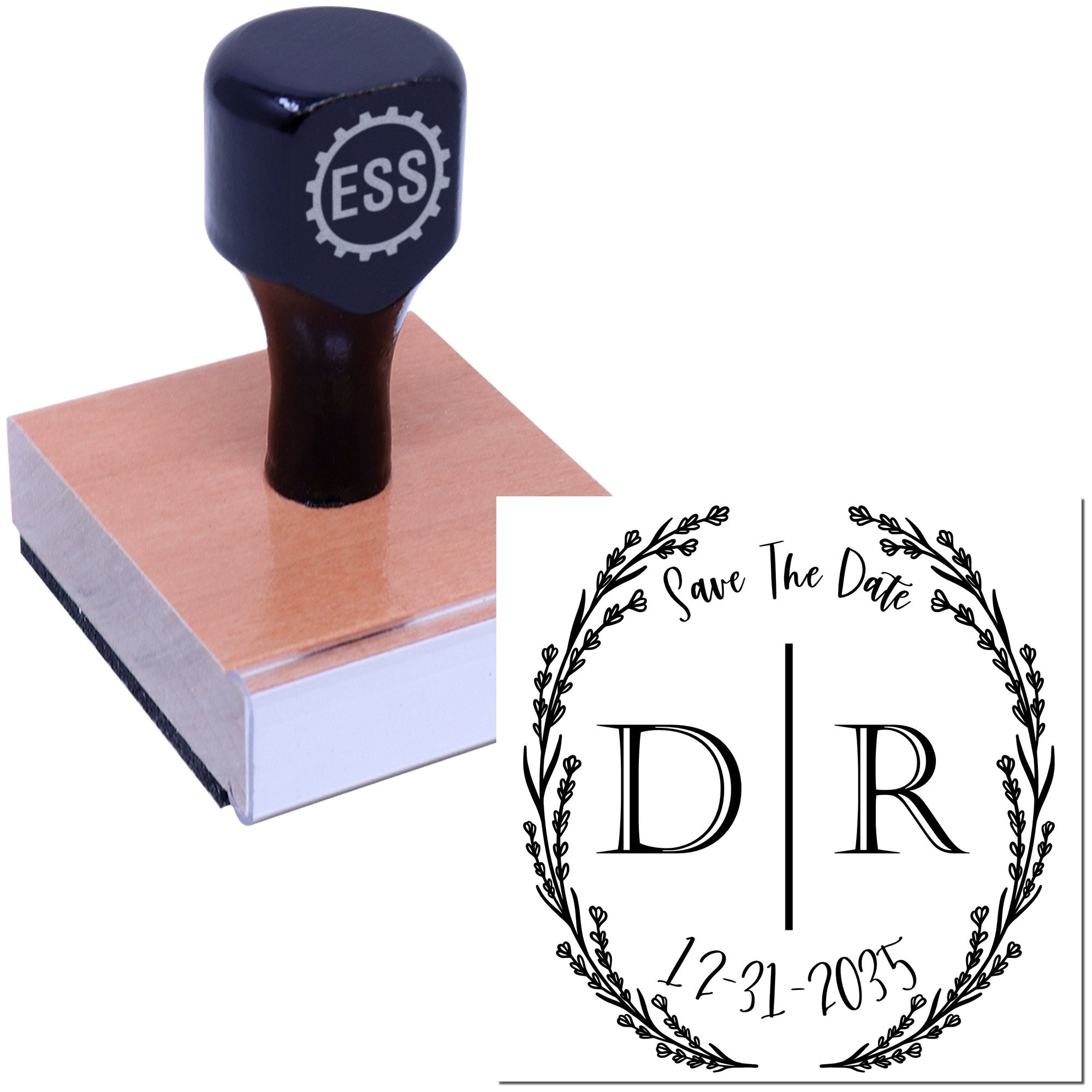 Black rubber stamp and seal on wooden base with Save The Date DR wreath design for invitations
