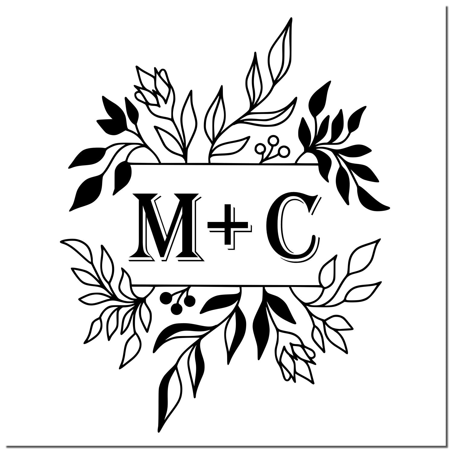 Black-and-white custom stamp seal with M+C monogram, leafy wreath, and decorative botanical accents.