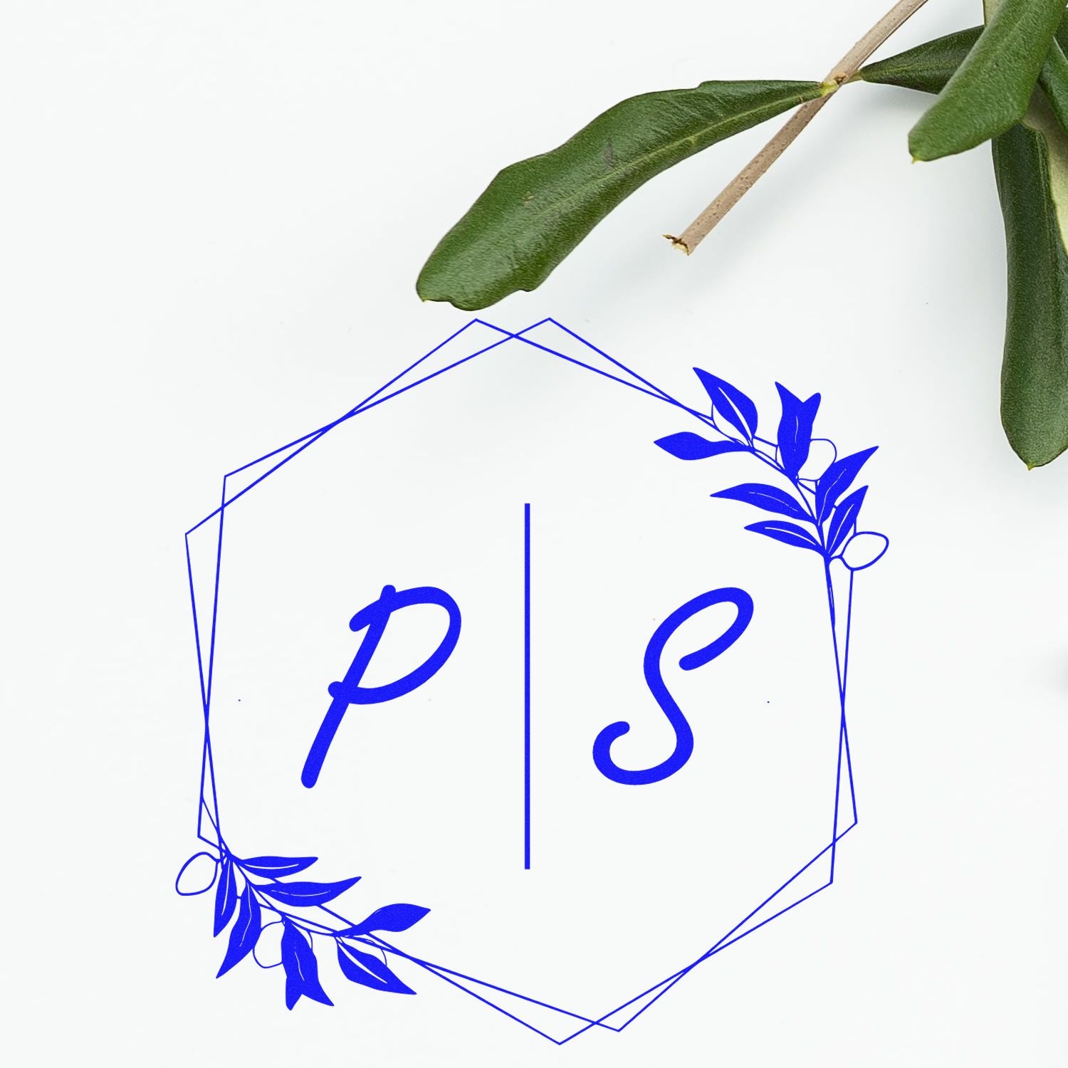 Blue PS custom stamp and seal logo with geometric floral border on white, accented by green leaves.
