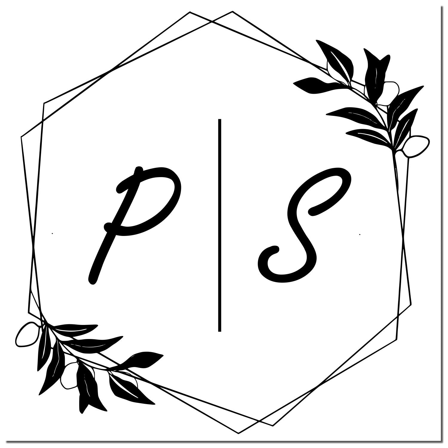 Black PS monogram stamp seal with geometric octagon frame and leafy botanical corners on a white background.