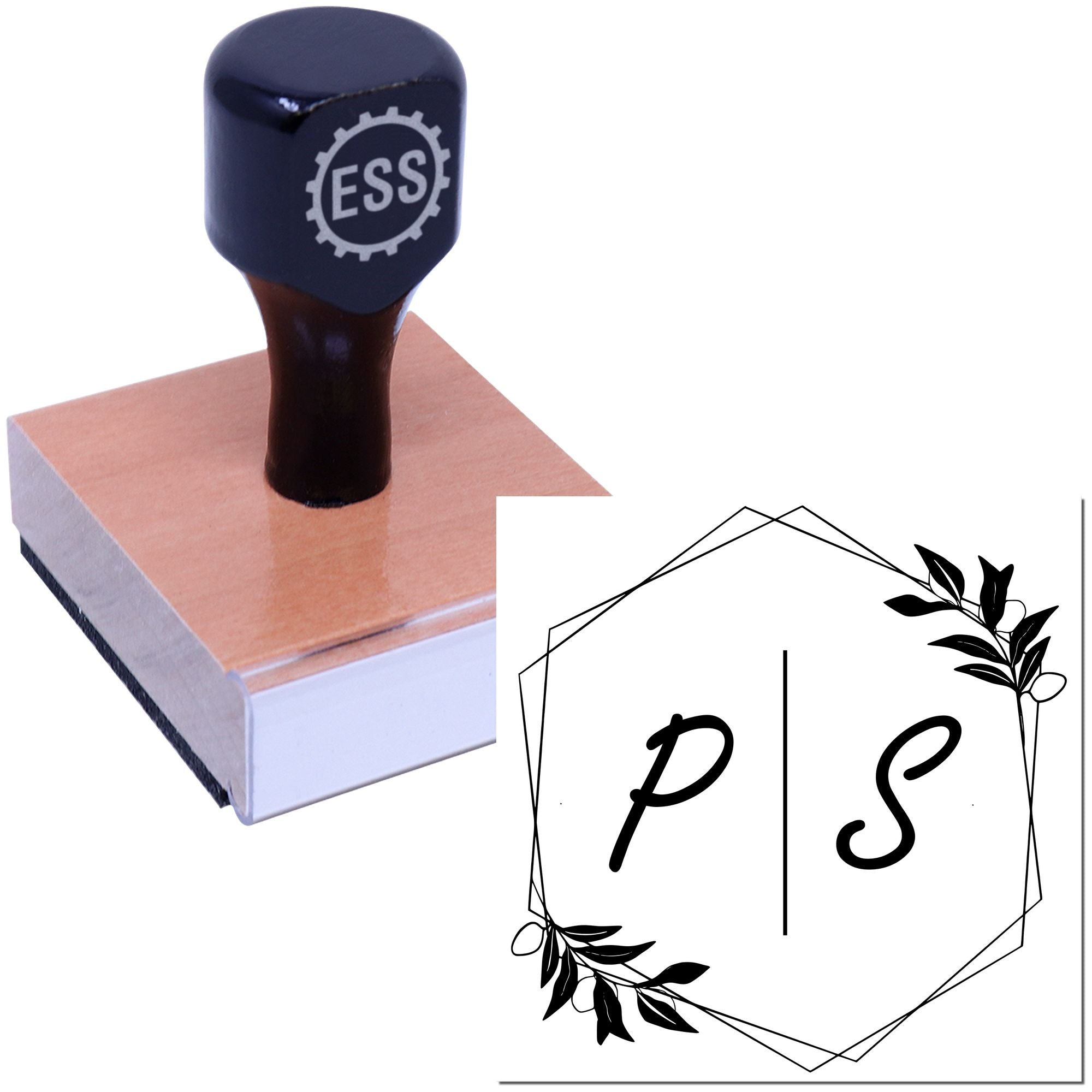 Black ESS rubber stamp on pink wooden base, beside black-and-white floral PS seal design.