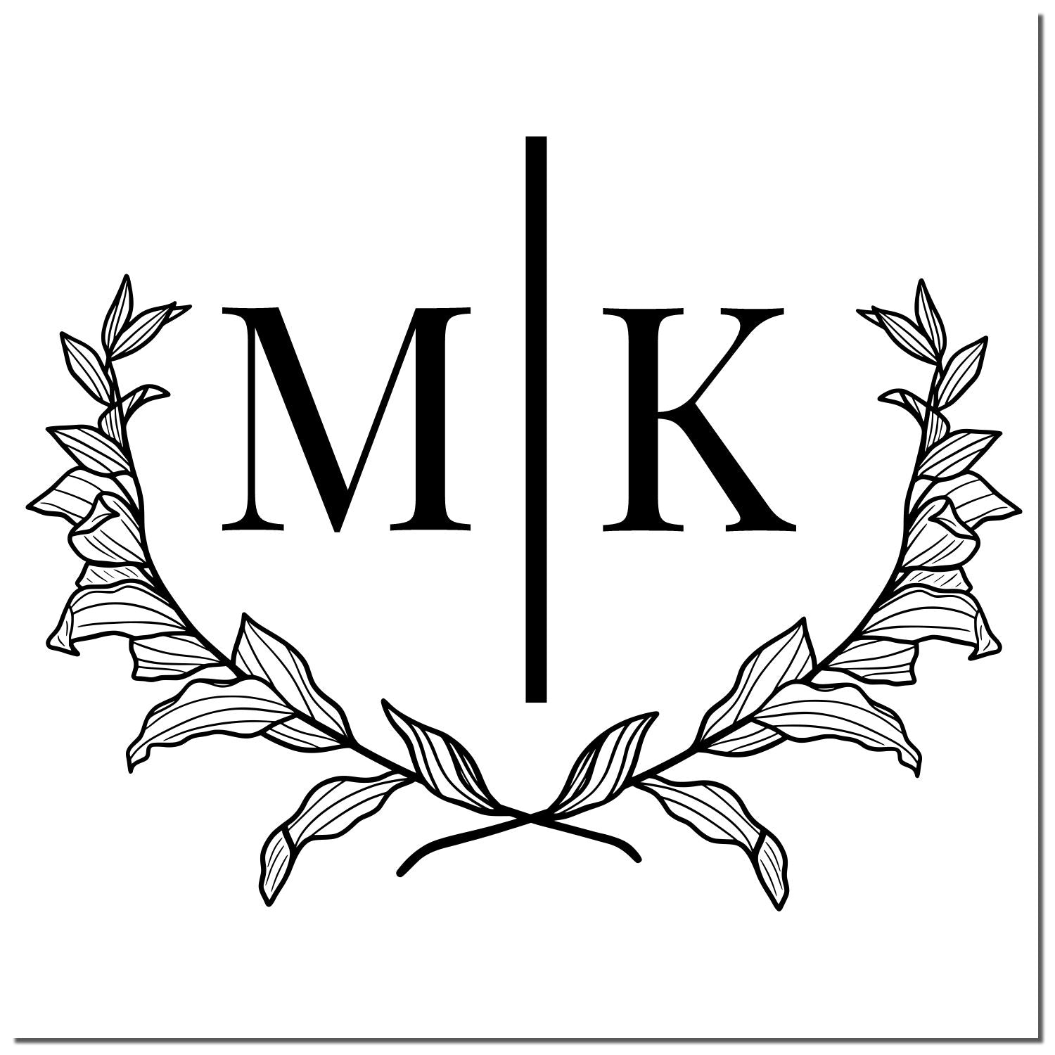 Black MK monogram stamp and seal logo with leafy wreath on a white background.