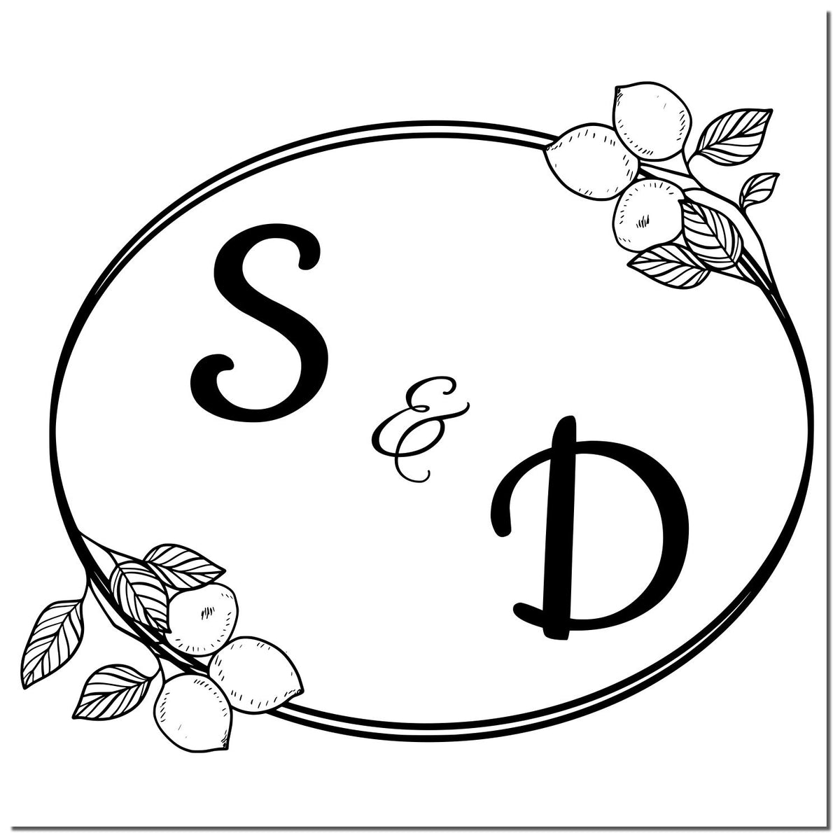Black-and-white circular stamp seal with S and D monogram, floral lemon branch accents, and double-line border.